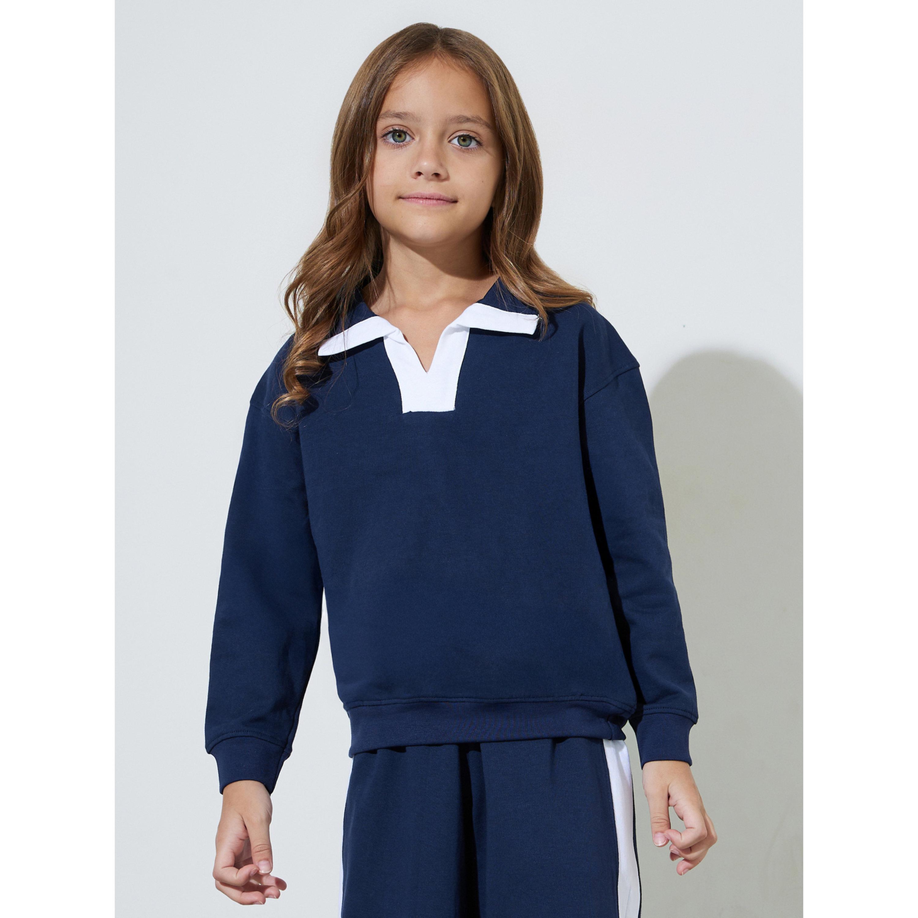 طقم من جوغر وسويت شيرت بياقة وتفاصيل متباينة باللون الكحلي للبنات-girls-clothing-setsandcoords-image-2