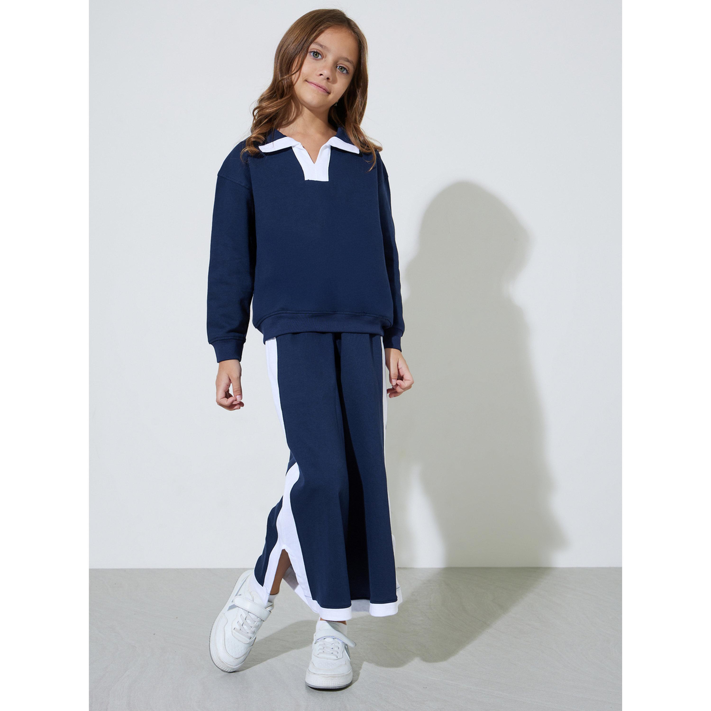 طقم من جوغر وسويت شيرت بياقة وتفاصيل متباينة باللون الكحلي للبنات-girls-clothing-setsandcoords-image-4