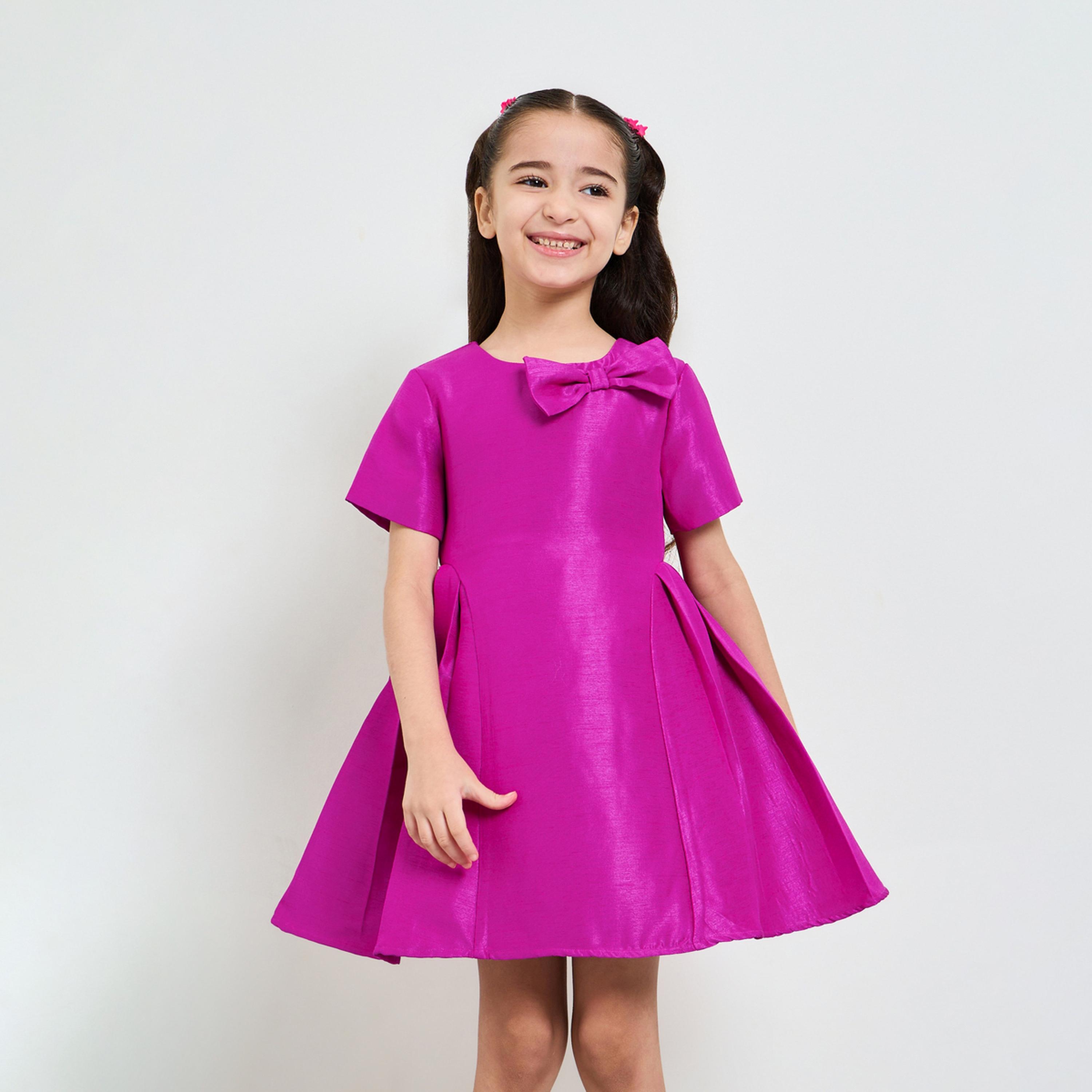فستان بحافة واسعة وتفاصيل شريط للبنات-girls-clothing-dressesandjumpsuits-image-1