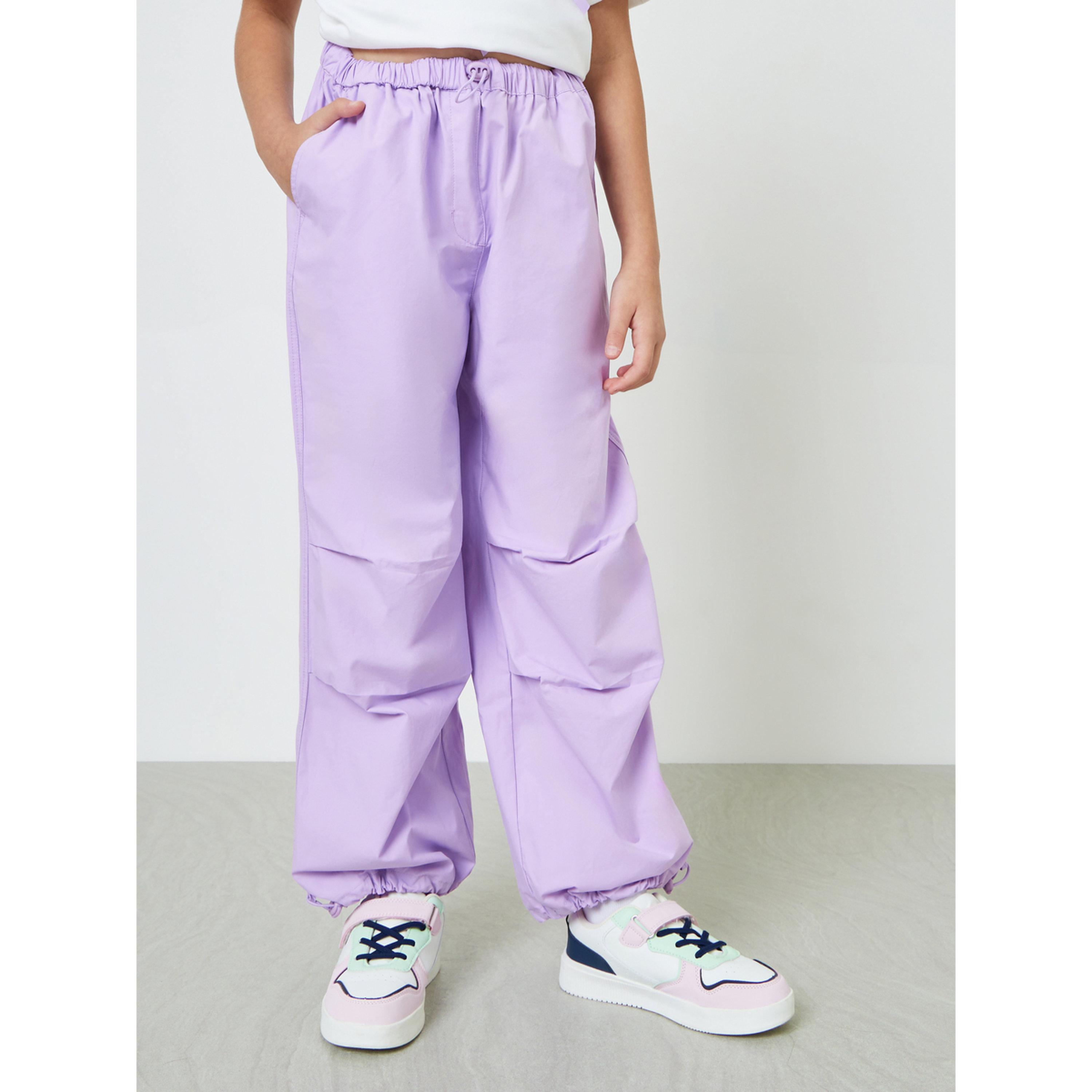 بنطال قطن بقصة مريحة سادة للبنات أرجواني-girls-clothing-bottoms-trousers-image-1