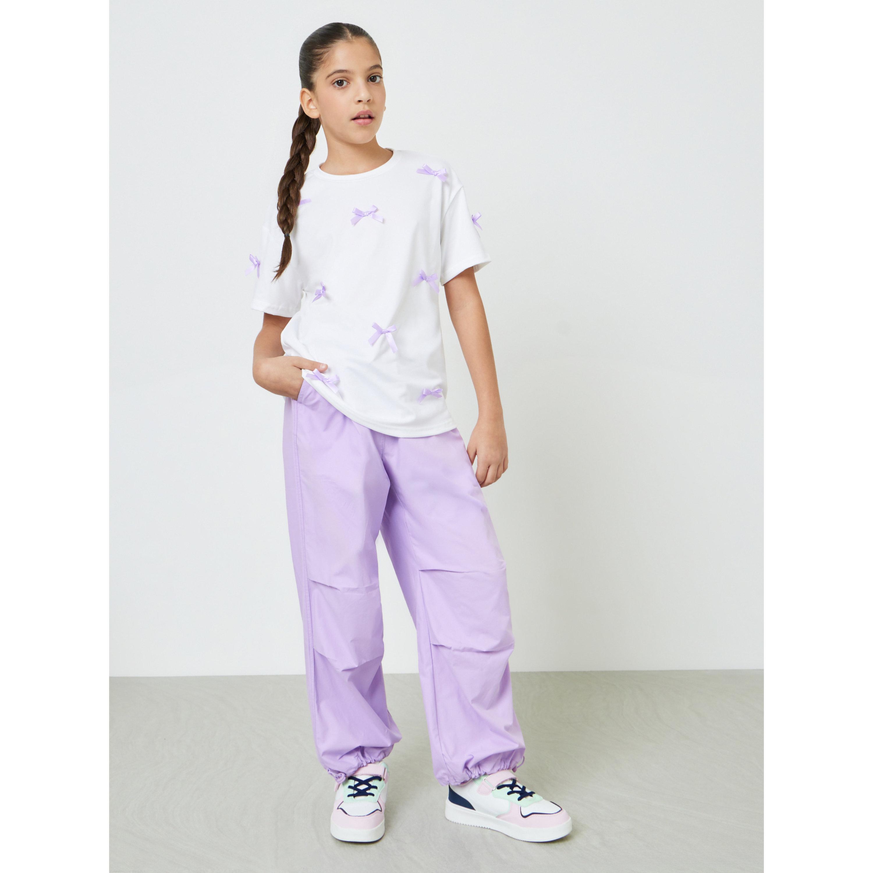 بنطال قطن بقصة مريحة سادة للبنات أرجواني-girls-clothing-bottoms-trousers-image-2
