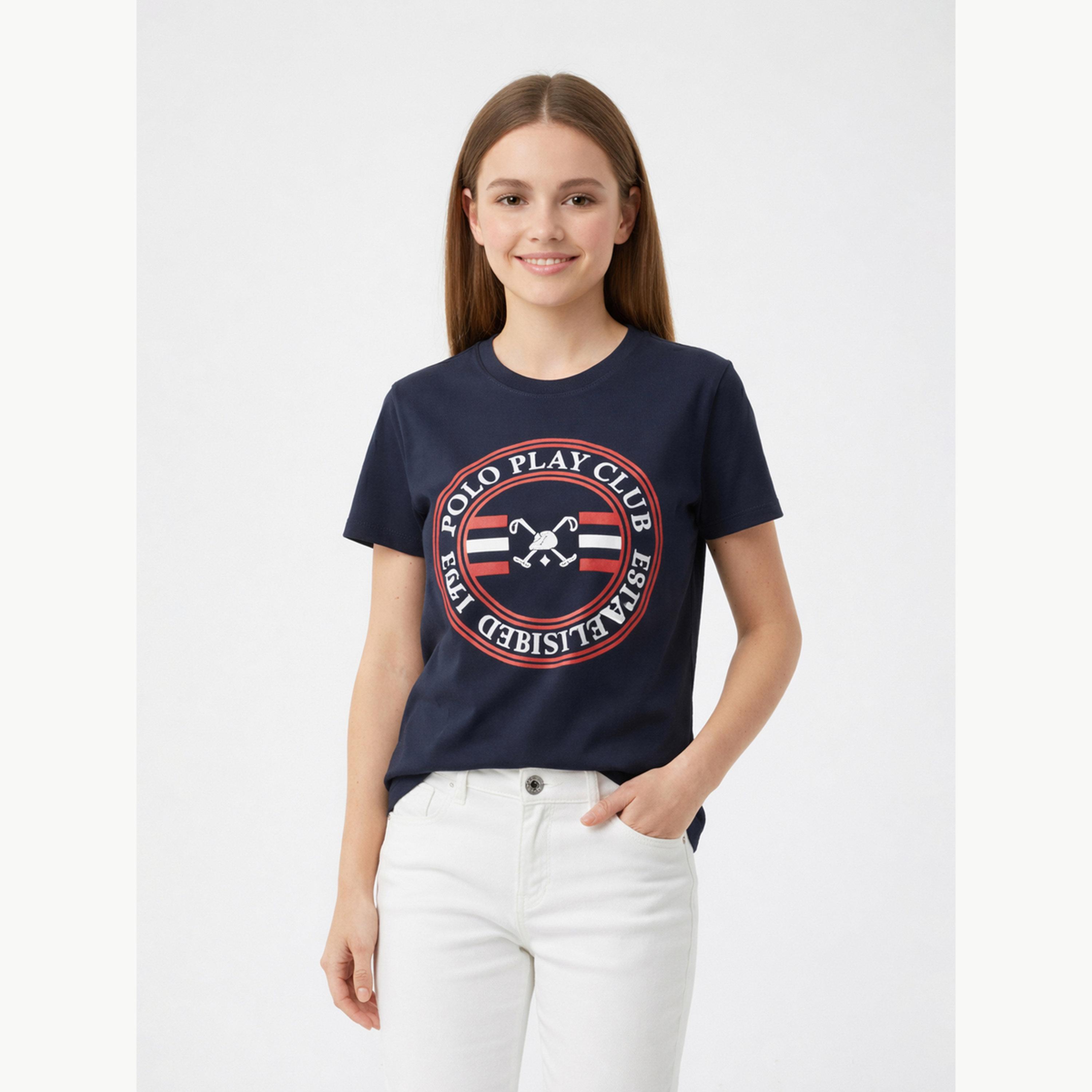 تيشيرت بياقة دائرية وشعار جرافيك للبنات-girls-clothing-tshirts-image-1