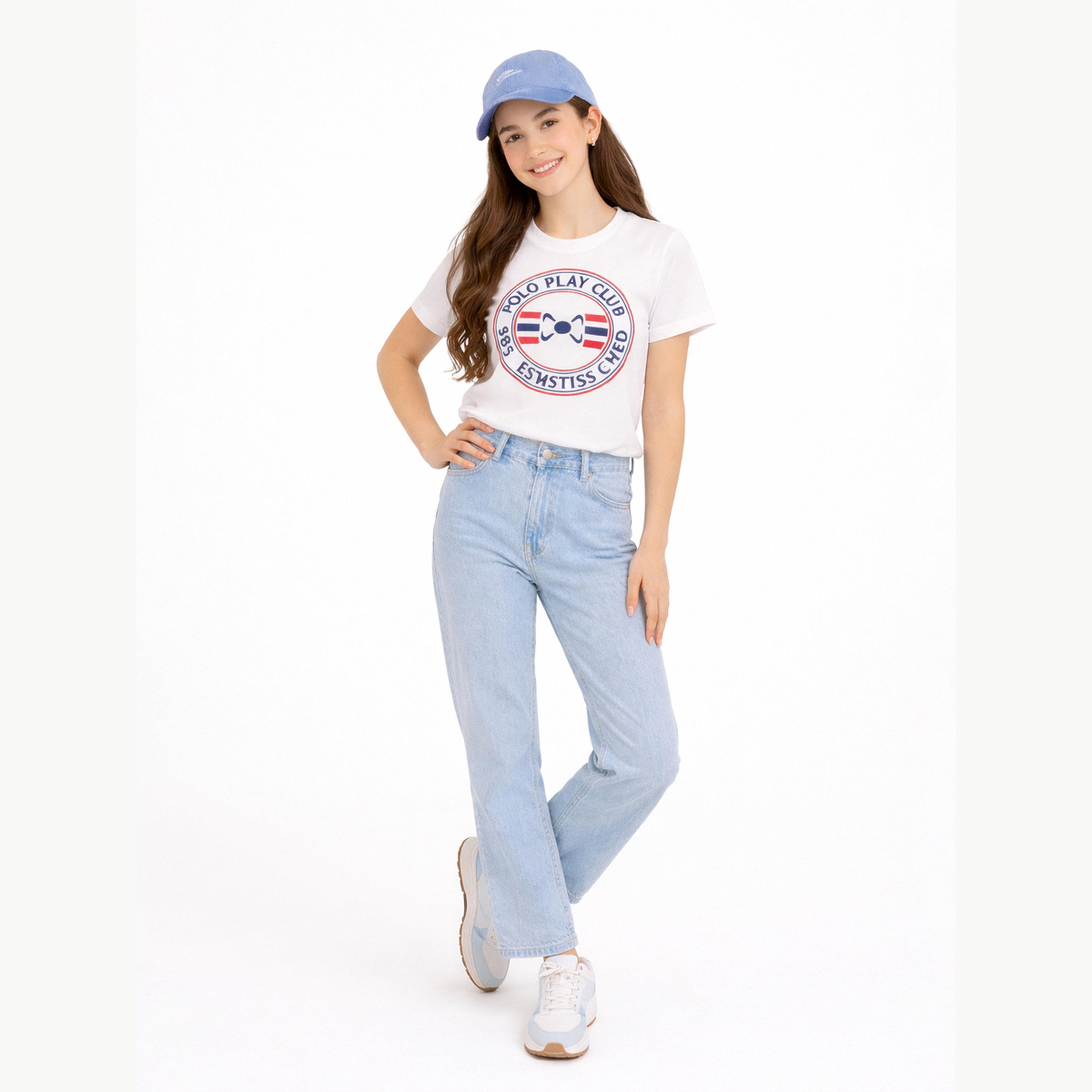 تيشيرت بياقة دائرية وشعار جرافيك للبنات-girls-clothing-tshirts-image-2