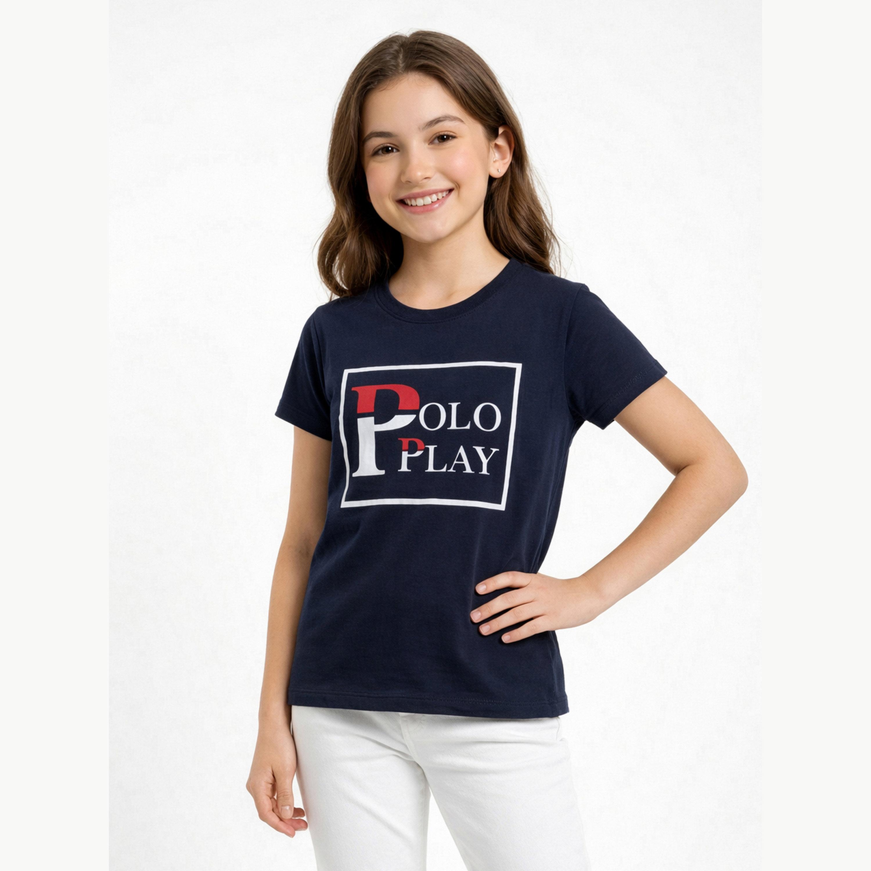 تيشيرت بياقة دائرية وشعار جرافيك للبنات-girls-clothing-tshirts-image-1