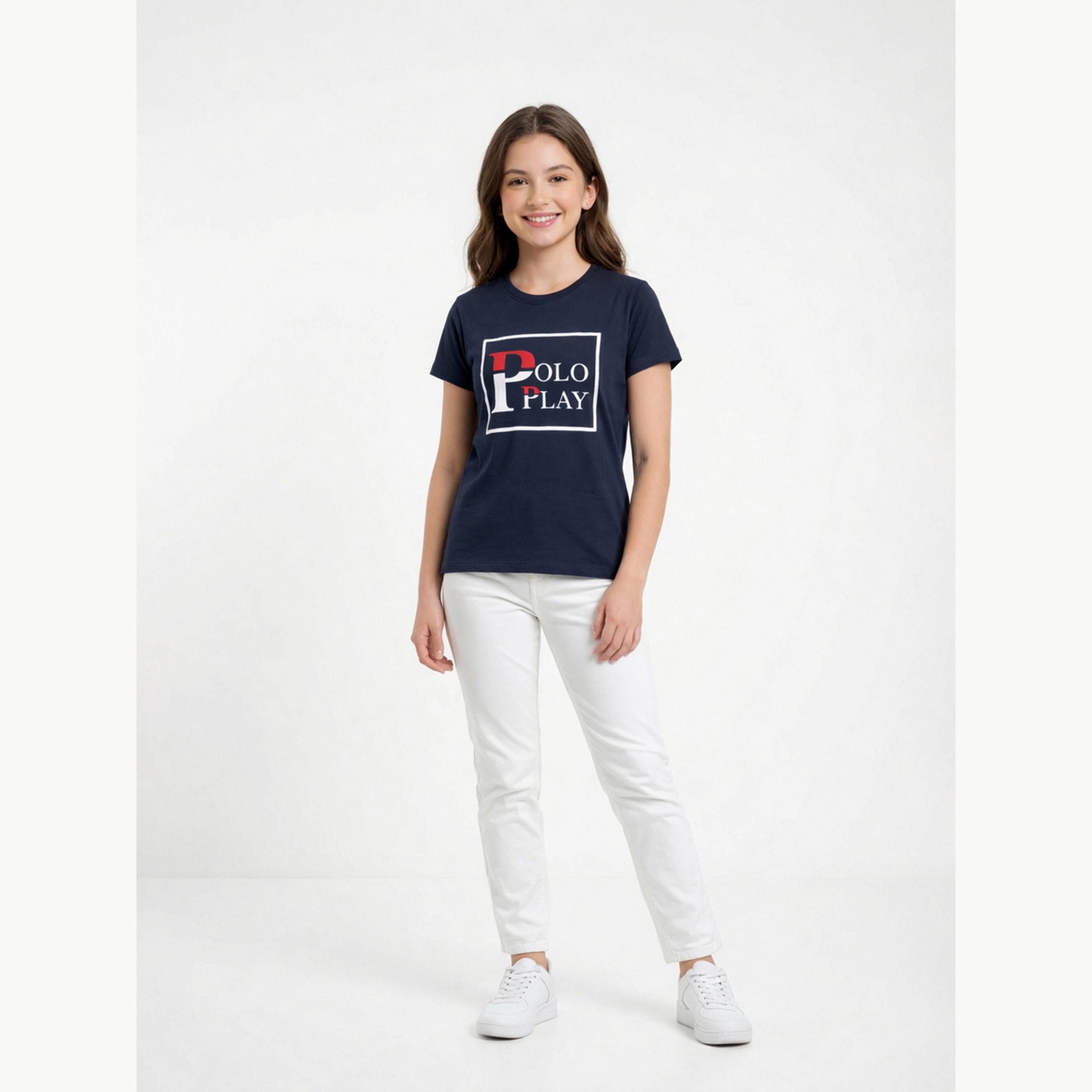 تيشيرت بياقة دائرية وشعار جرافيك للبنات-girls-clothing-tshirts-image-2