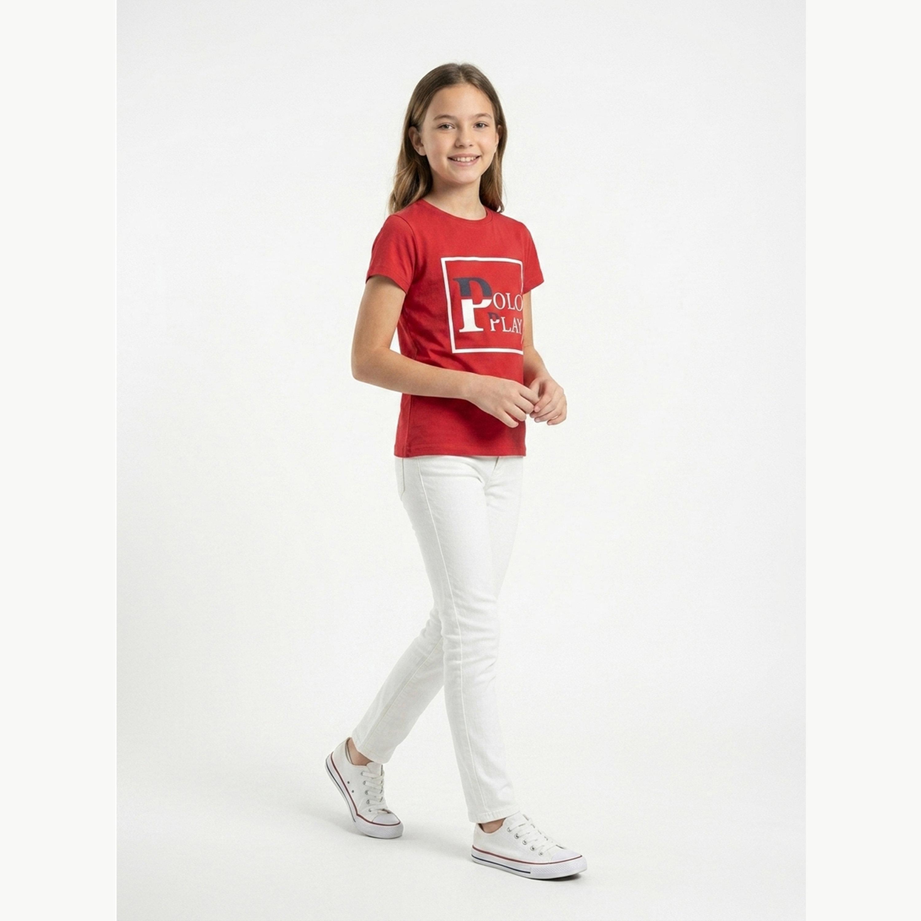 تيشيرت بياقة دائرية وشعار جرافيك للبنات-girls-clothing-tshirts-image-2