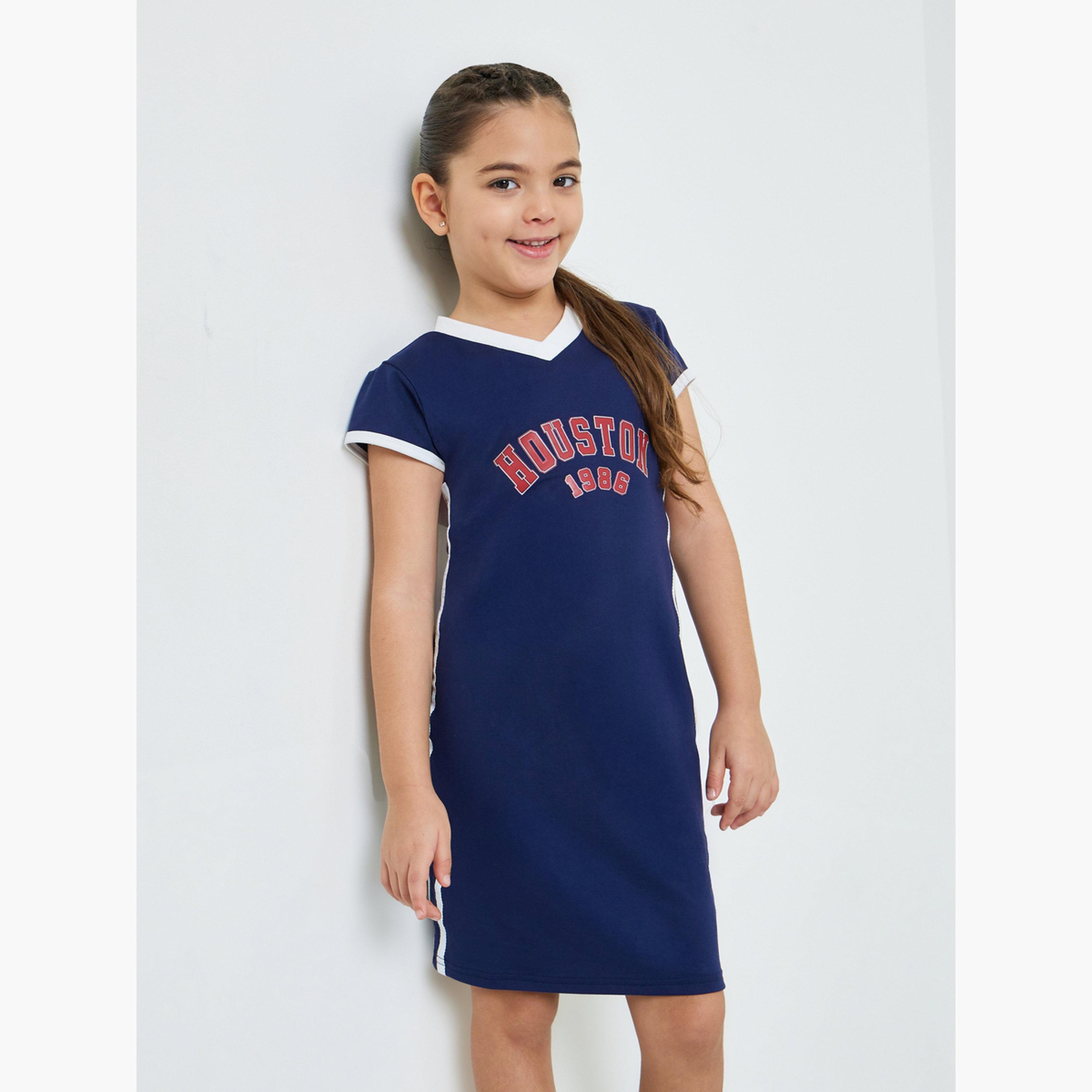 Styli Girls Navy V Neck Printed Bodycon Dress-girls-clothing-dressesandjumpsuits-image-1