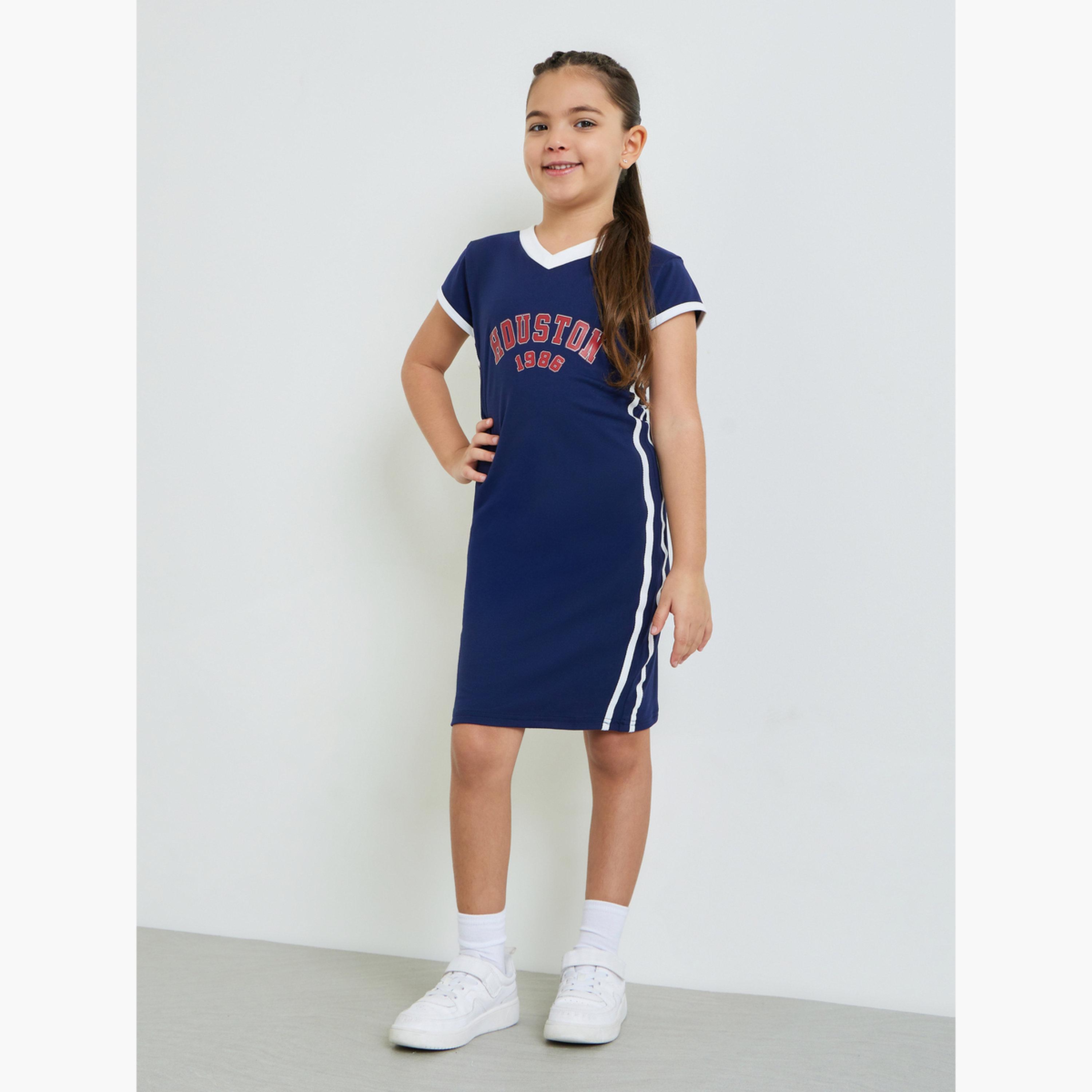 Styli Girls Navy V Neck Printed Bodycon Dress-girls-clothing-dressesandjumpsuits-image-2
