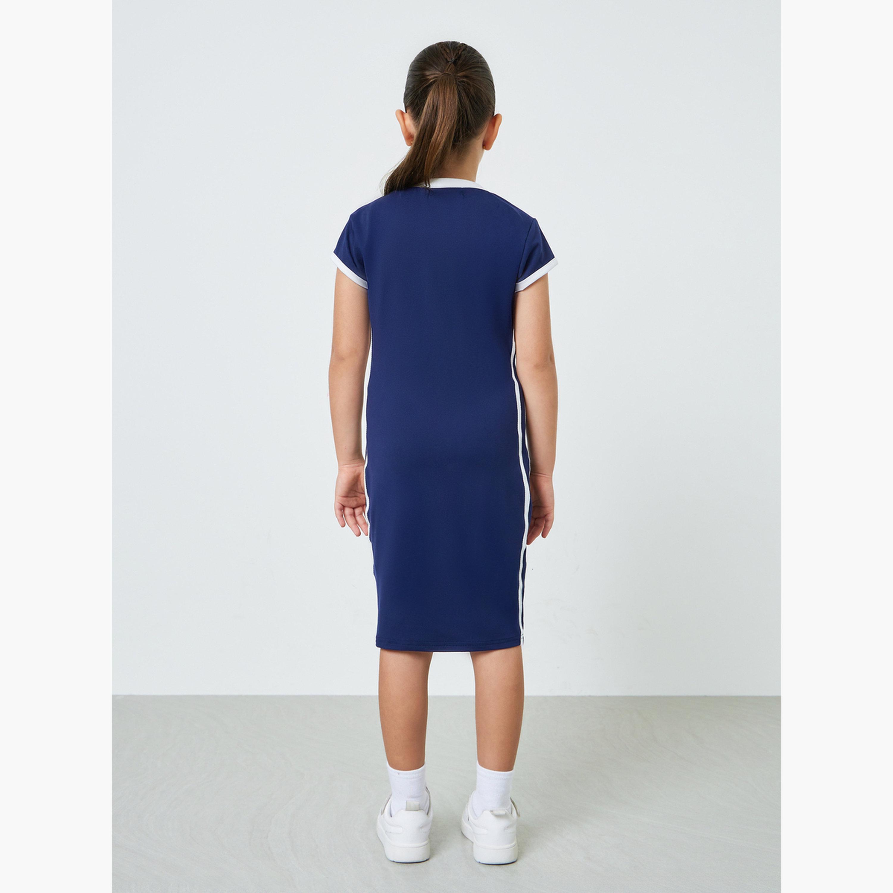 Styli Girls Navy V Neck Printed Bodycon Dress-girls-clothing-dressesandjumpsuits-image-3
