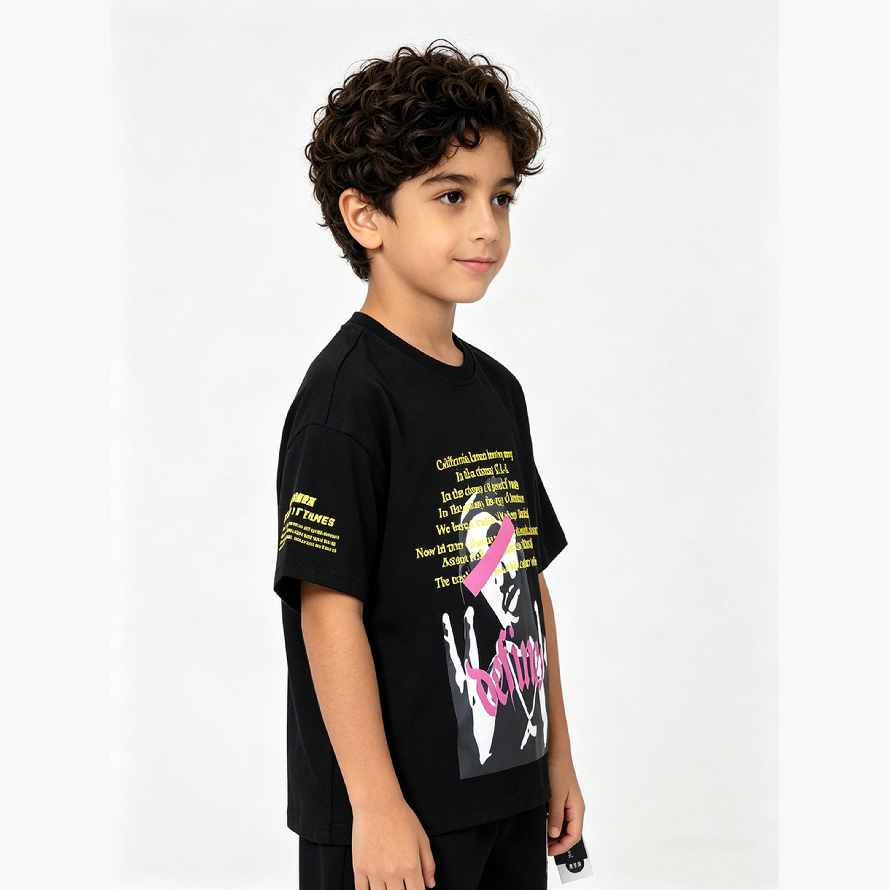 Take Two Kids Black Graphic Print Ramie Knitted Regular Fit T-Shirt-boys-clothing-tshirtsandpolos-image-2