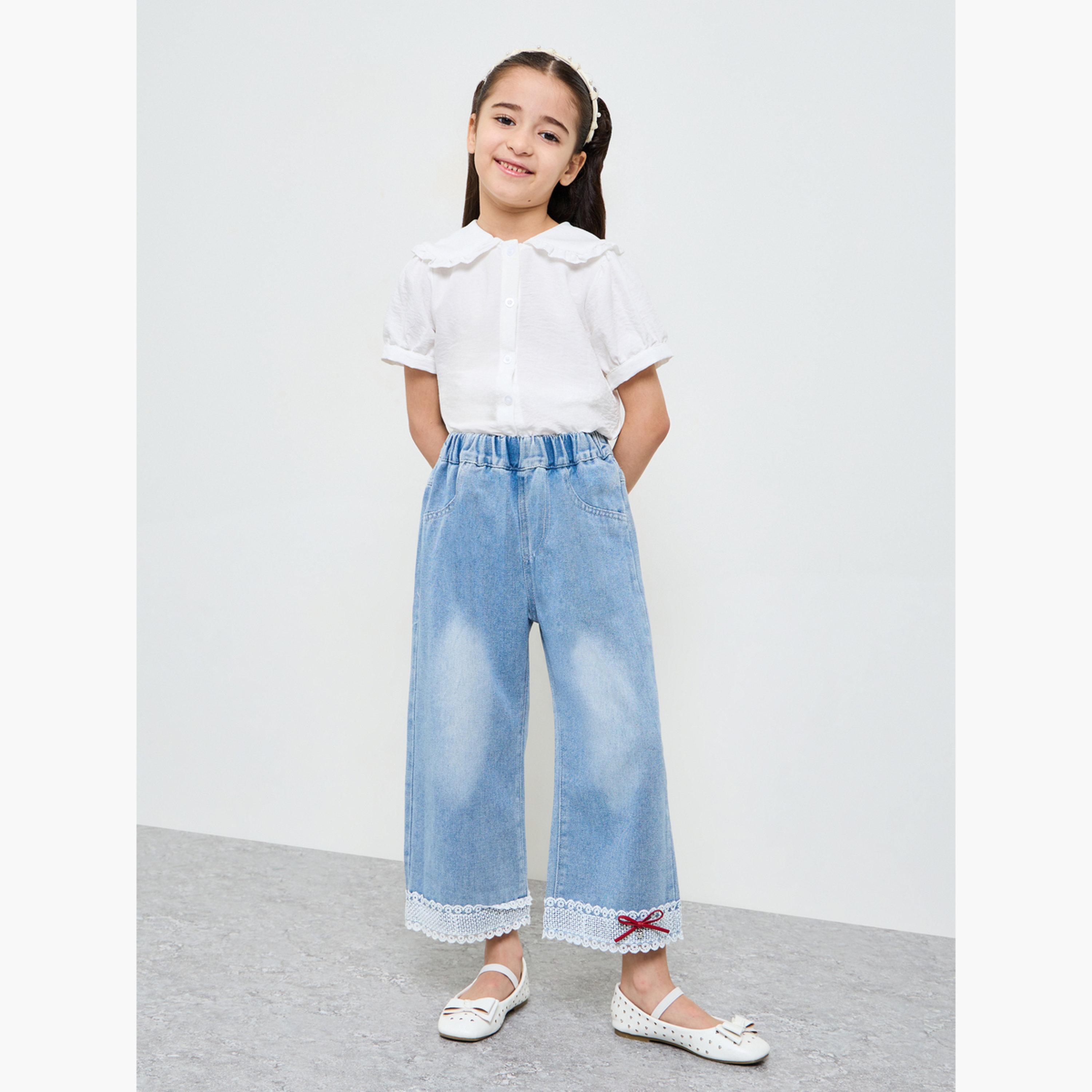 ستايلي - بنطلون جينز واسع الساقين للبنات بلون باهت وحافة من الدانتيل-girls-clothing-bottoms-jeansandjeggings-image-2