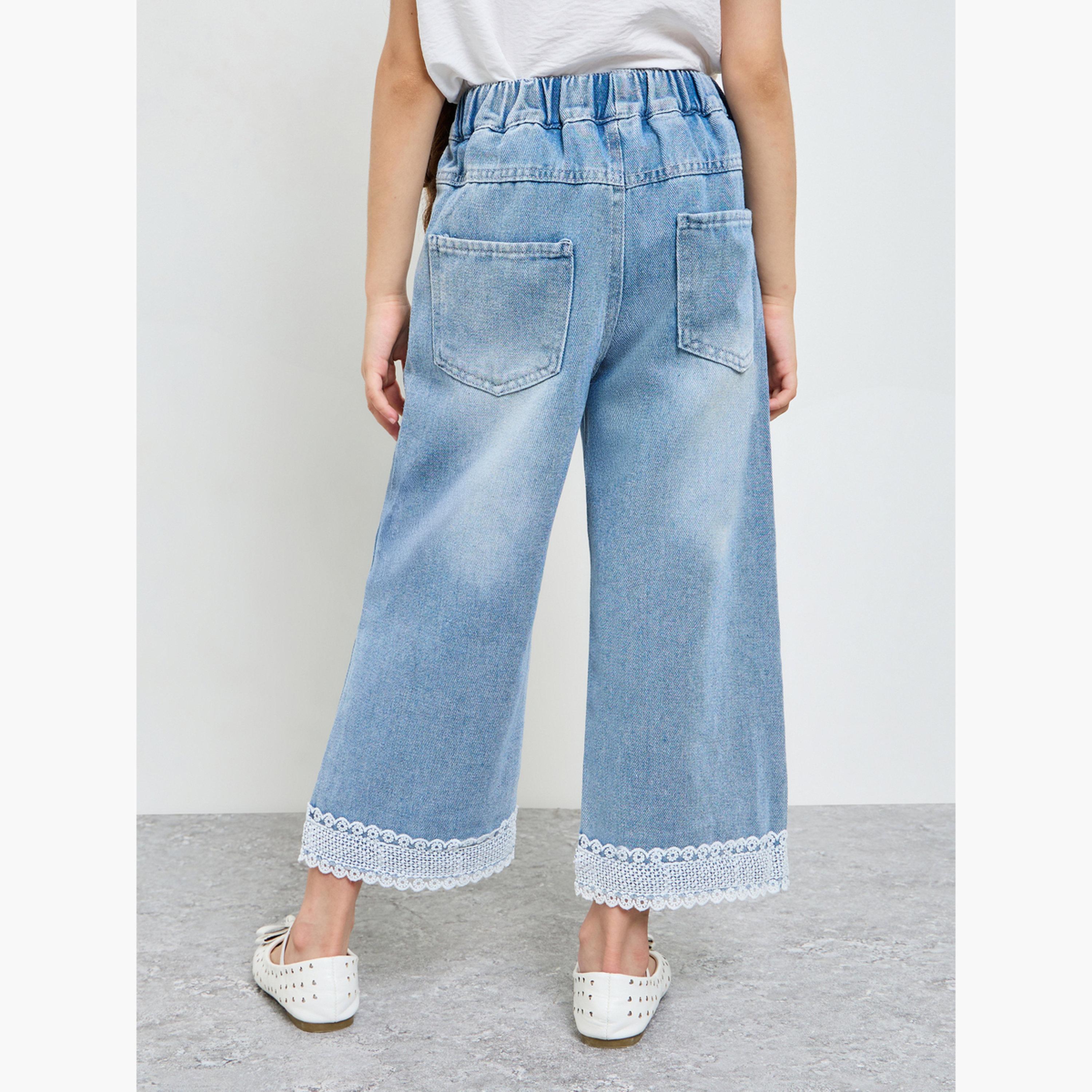 ستايلي - بنطلون جينز واسع الساقين للبنات بلون باهت وحافة من الدانتيل-girls-clothing-bottoms-jeansandjeggings-image-4