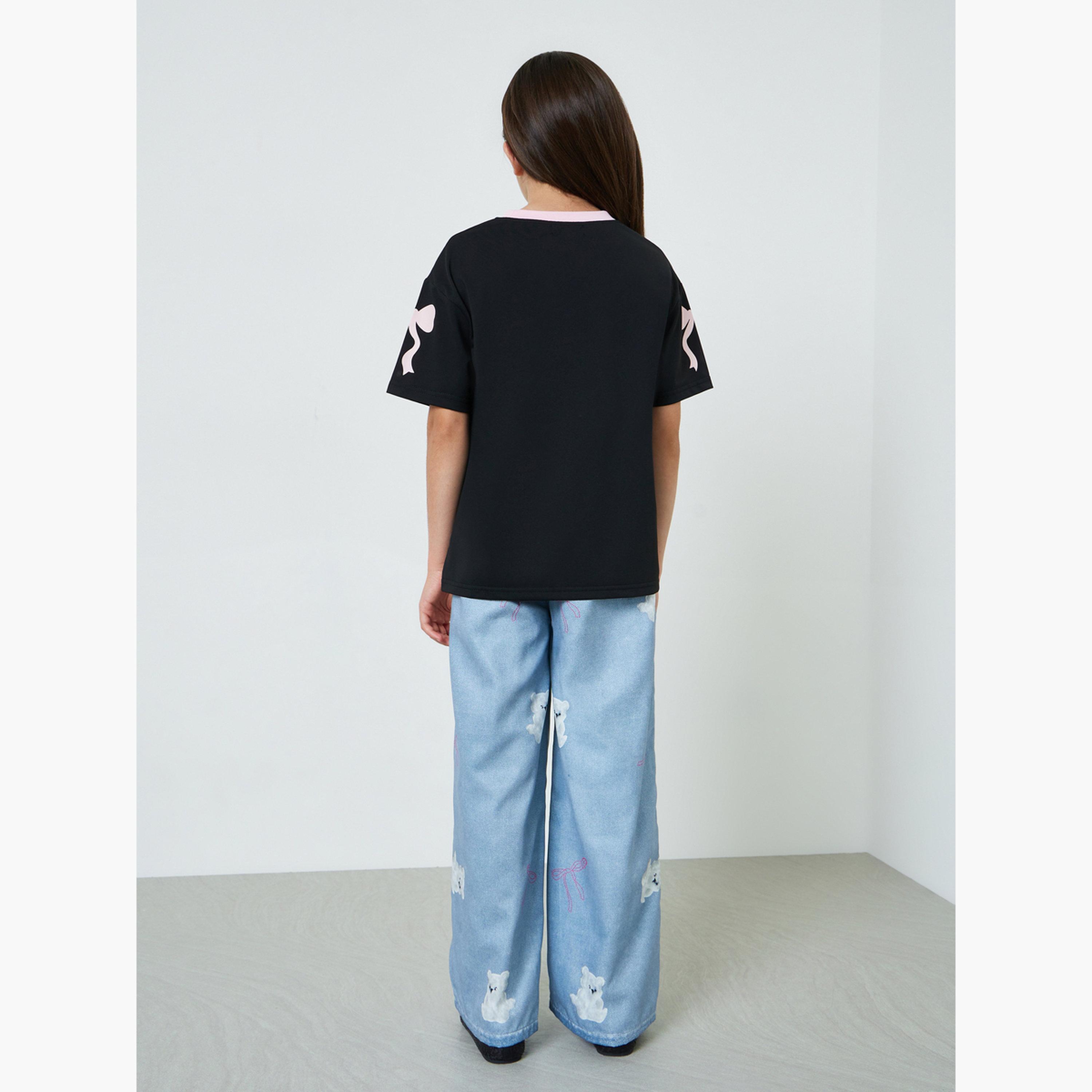 ستايلي - طقم تيشيرت جيرسي فضفاض وبنطال جينز مطبوع للفتيات المراهقات-girls-clothing-setsandcoords-image-4