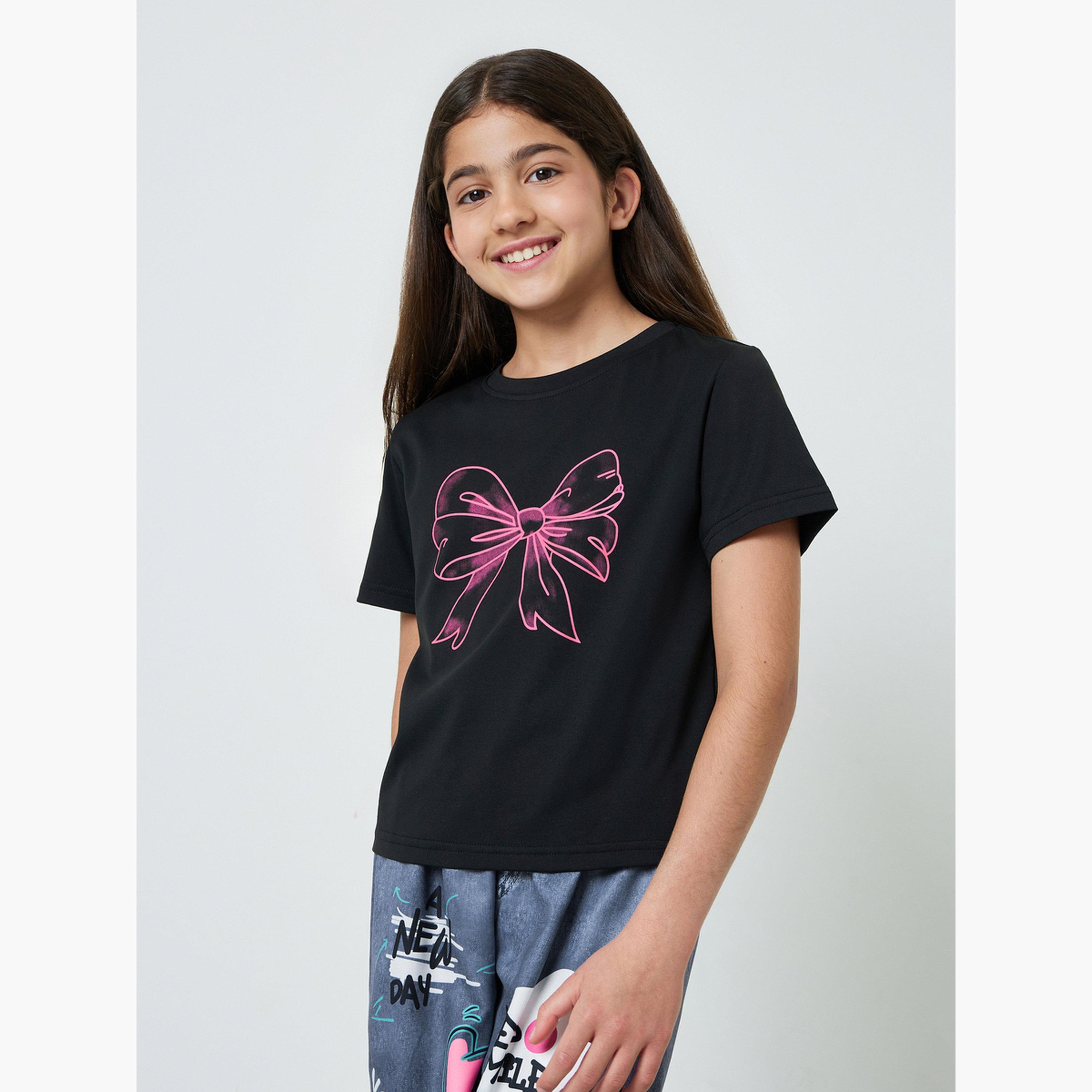 Styli Teen Girls Bow Print T-Shirt and Graffiti Jeans Set-girls-clothing-setsandcoords-image-2
