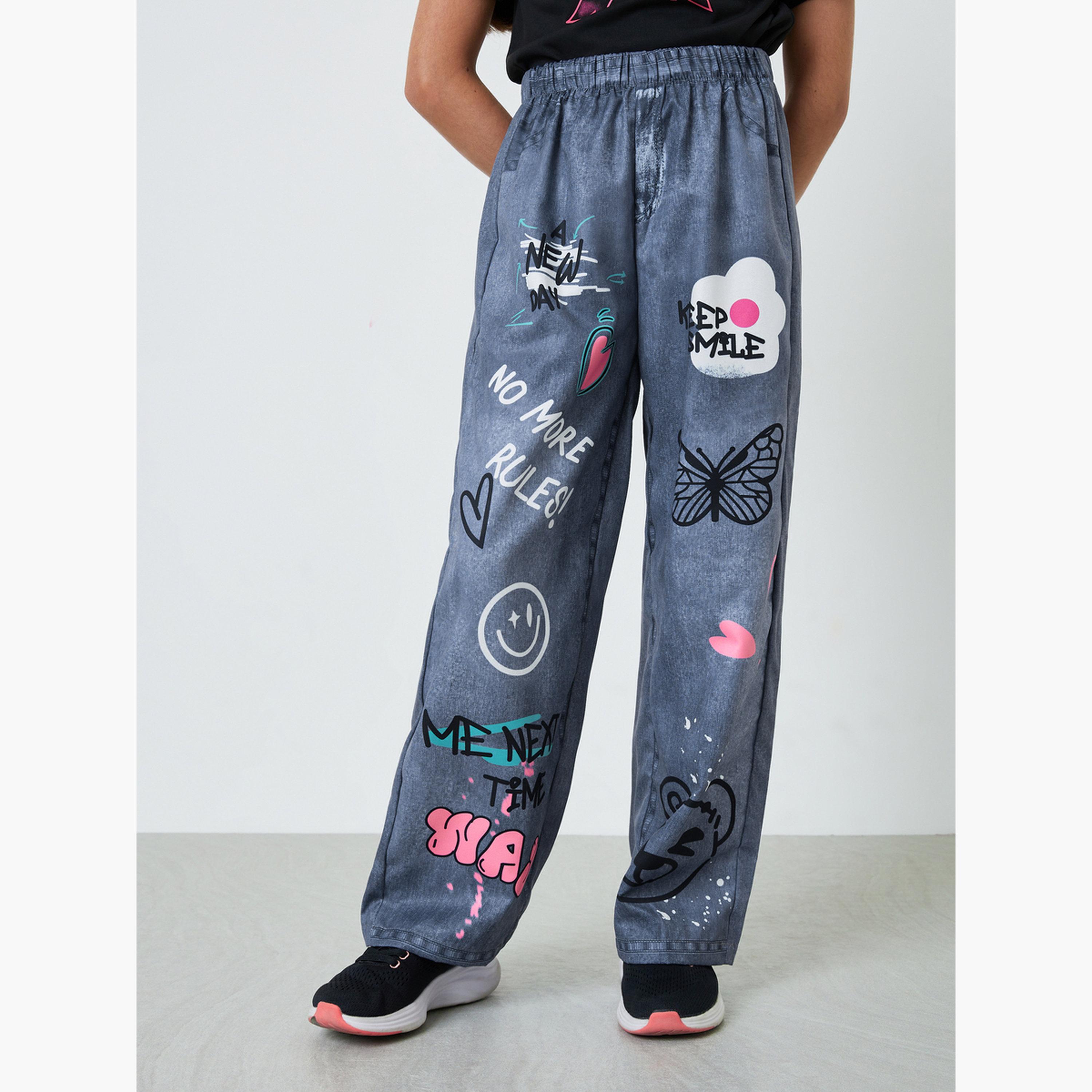 Styli Teen Girls Bow Print T-Shirt and Graffiti Jeans Set-girls-clothing-setsandcoords-image-4