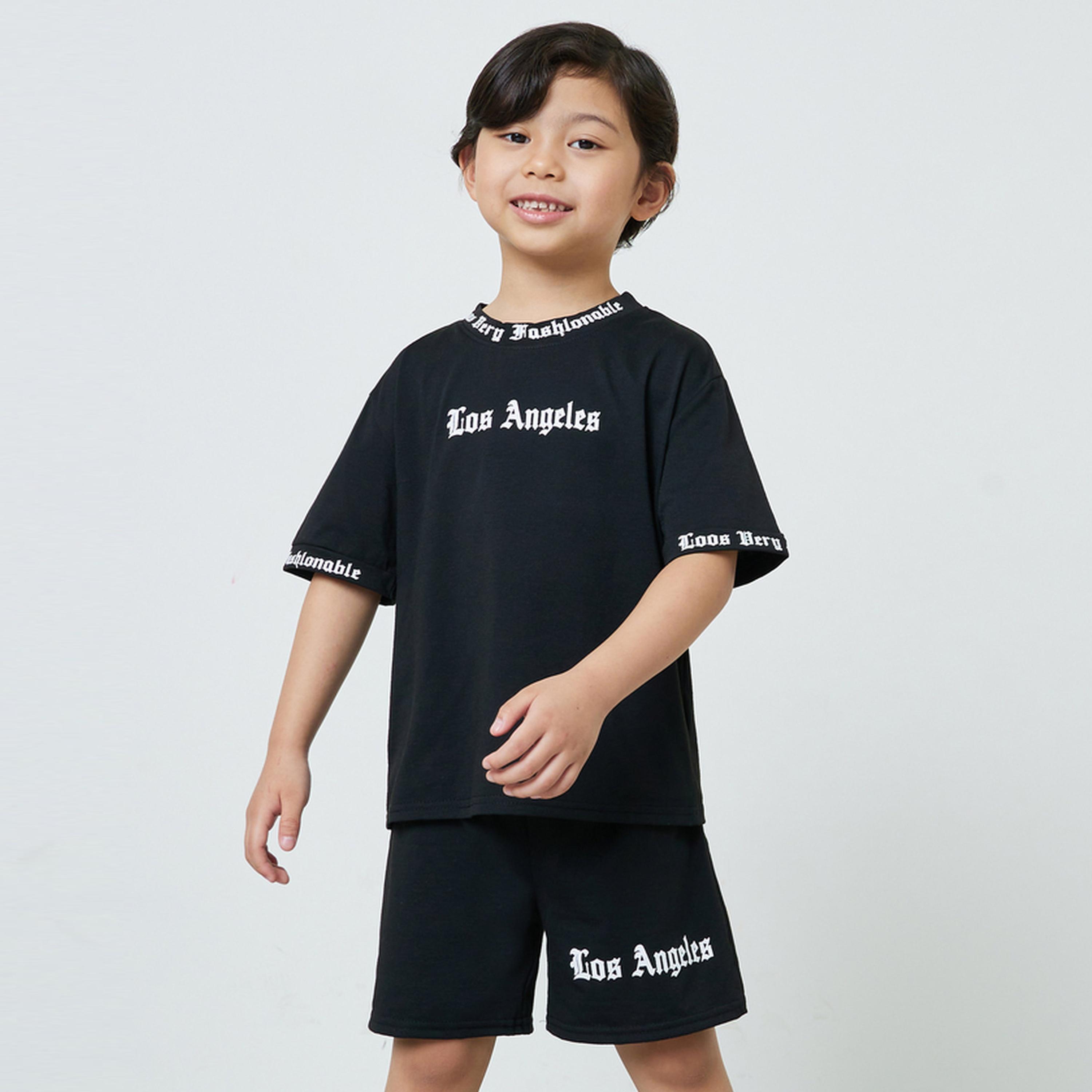 Styli Boys Black Slogan Print T-Shirt and Shorts Set-boys-clothing-setsandcoords-image-1