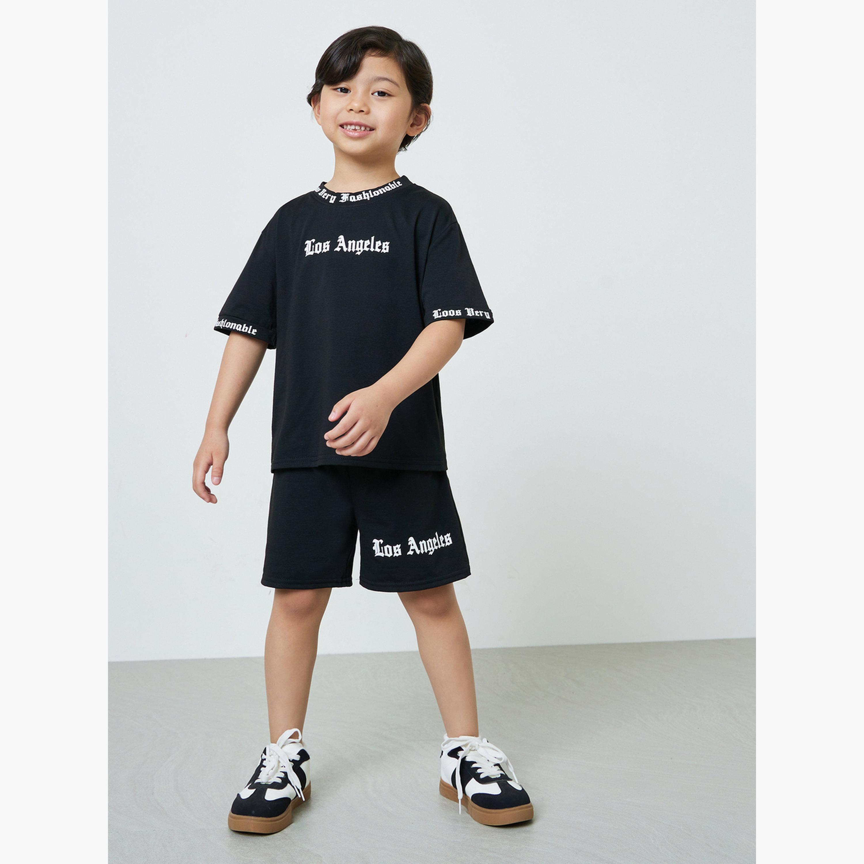 Styli Boys Black Slogan Print T-Shirt and Shorts Set-boys-clothing-setsandcoords-image-2