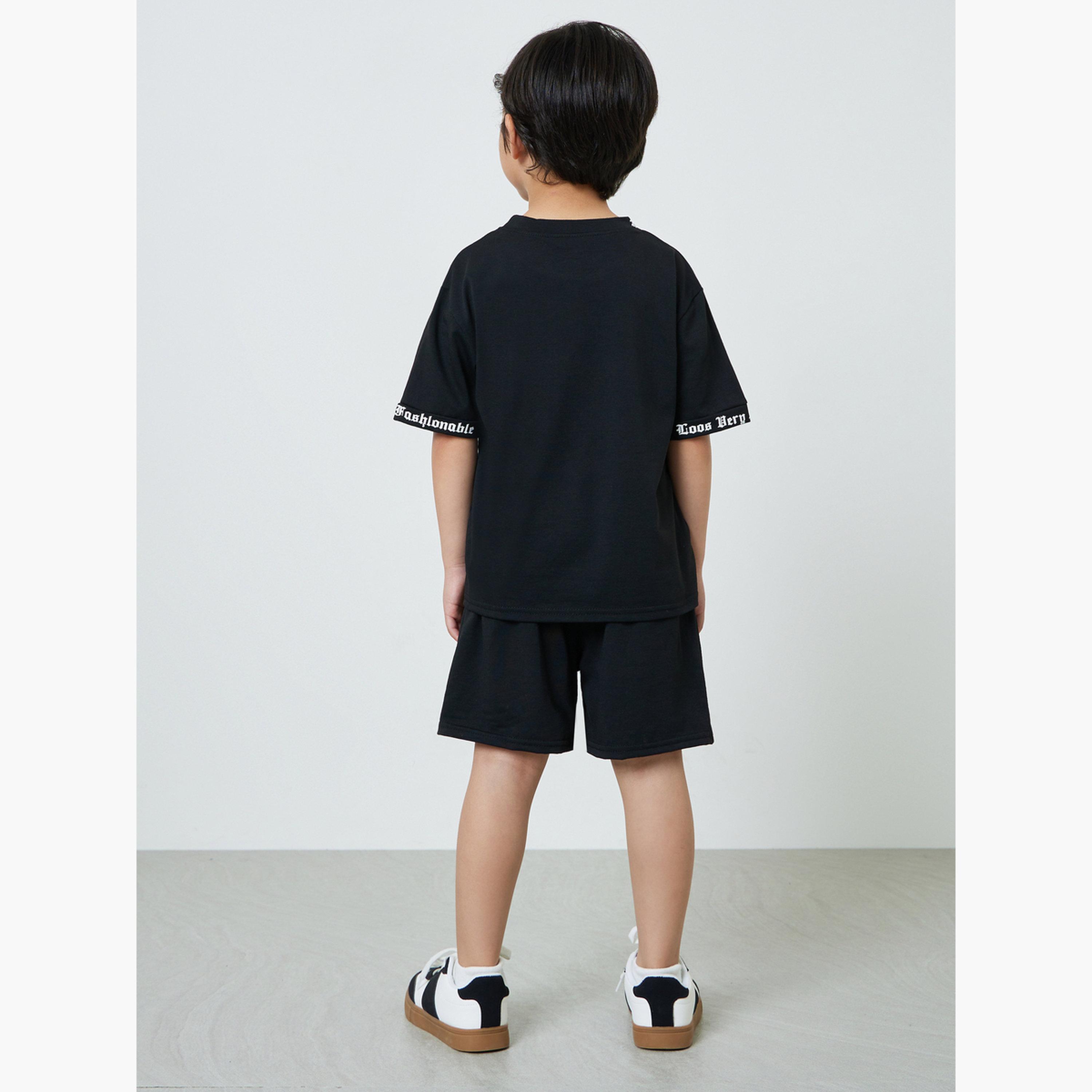 Styli Boys Black Slogan Print T-Shirt and Shorts Set-boys-clothing-setsandcoords-image-4