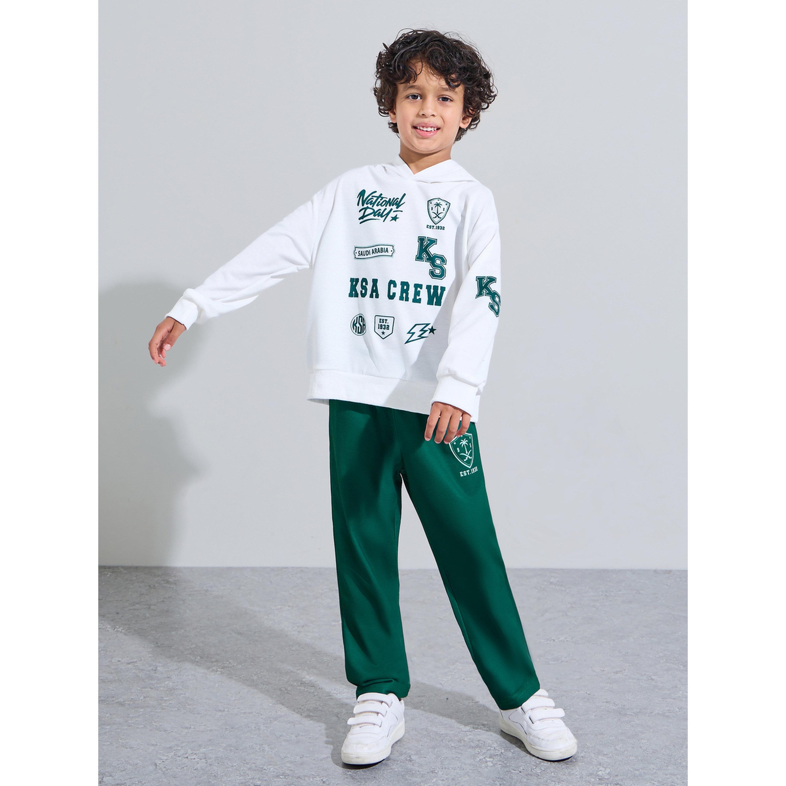 Styli Boys White KSA National Day Print Hoodie and Dark Green Joggers Set-boys-clothing-setsandcoords-image-1