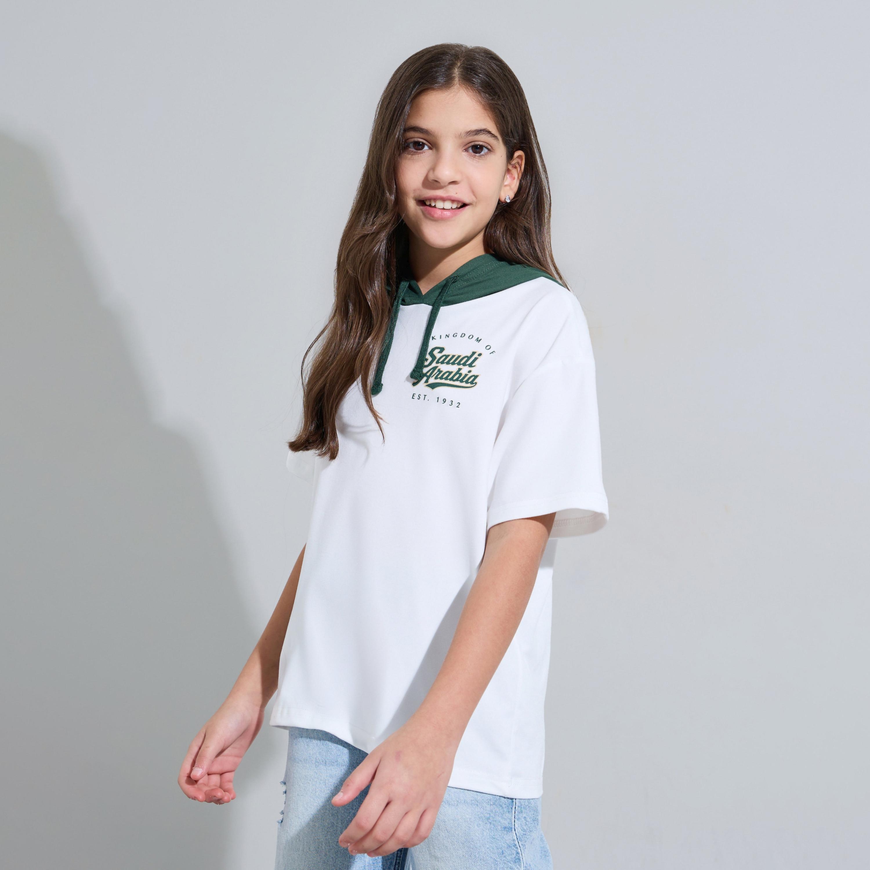 Styli Teen Girls Off White KSA National Day Print Hooded T-Shirt-girls-clothing-tshirts-image-1
