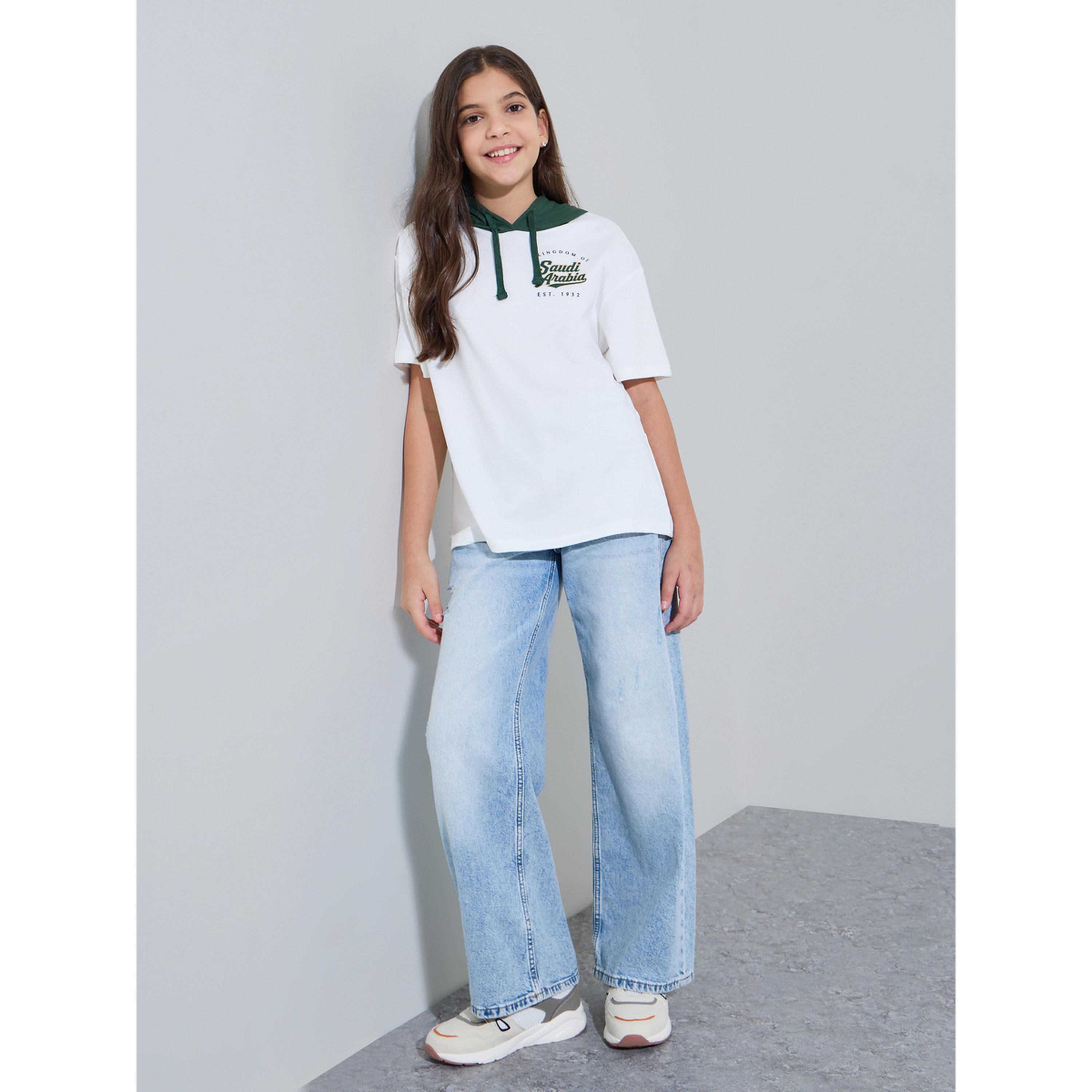Styli Teen Girls Off White KSA National Day Print Hooded T-Shirt-girls-clothing-tshirts-image-2