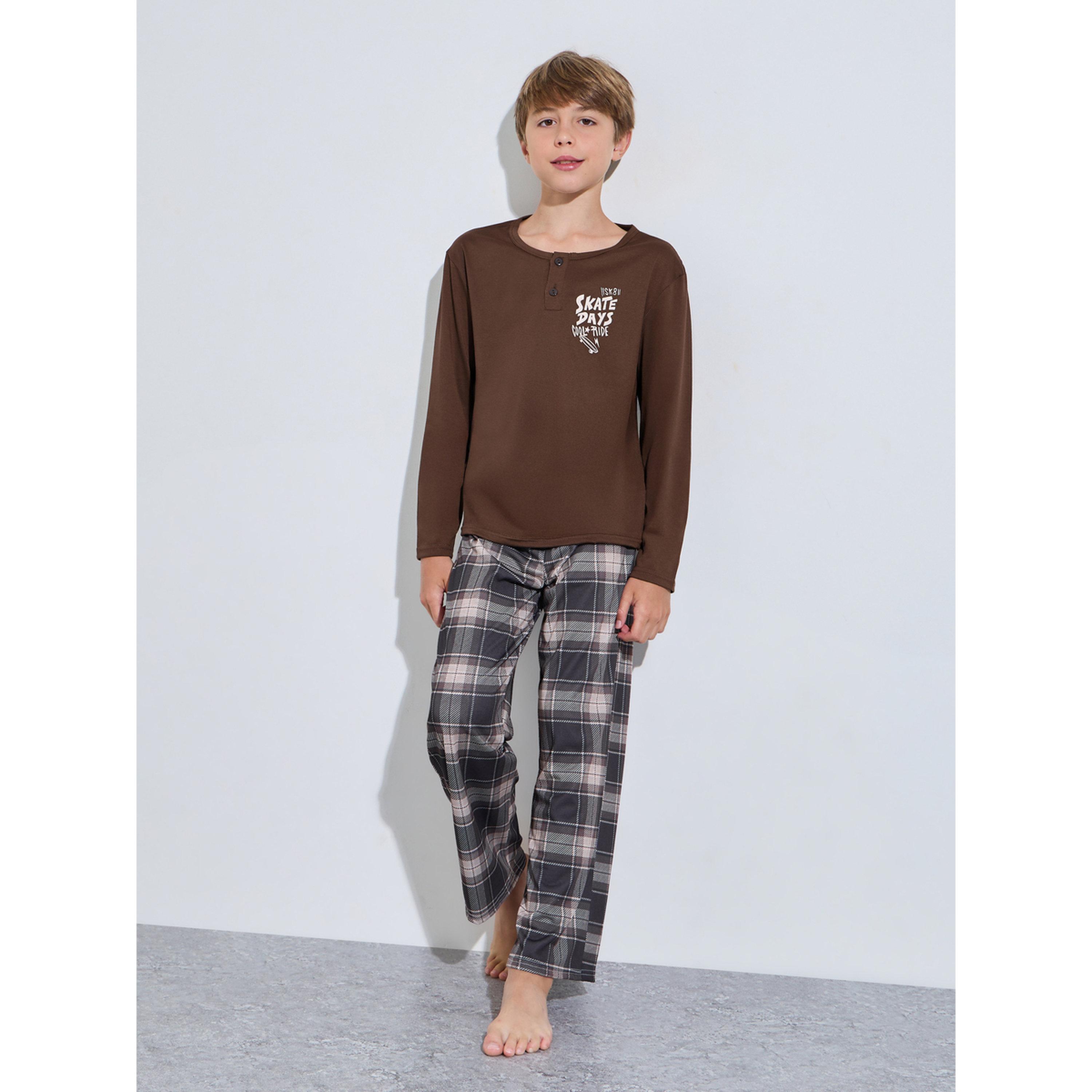 طقم بيجاما من بنطال كاروهات وتيشيرت مطبوع بأكمام طويلة للأولاد-boys-clothing-nightwear-image-1