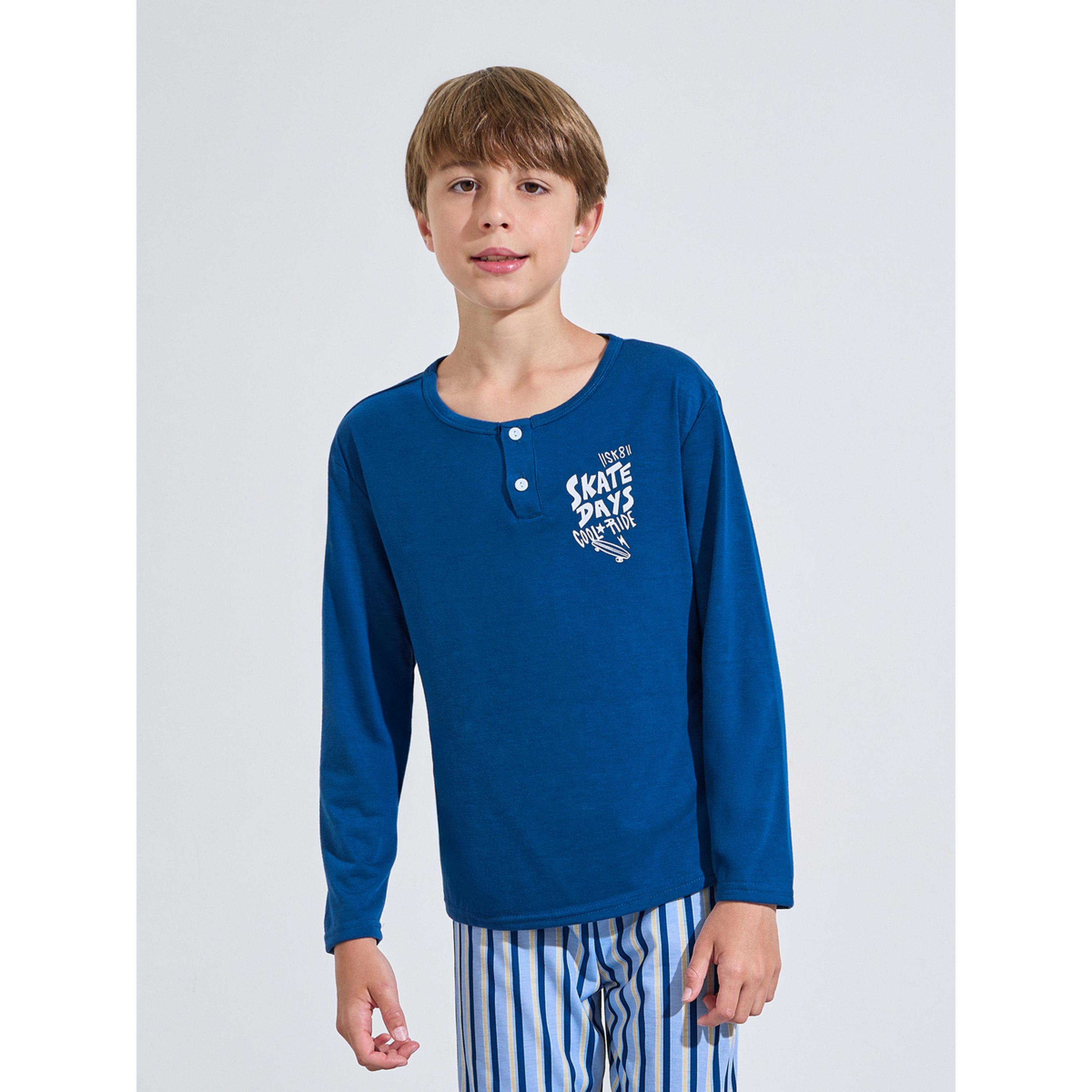 طقم بيجاما من بنطال مخطط وتيشيرت مطبوع بأكمام طويلة للأولاد باللون الأزرق-boys-clothing-nightwear-image-3