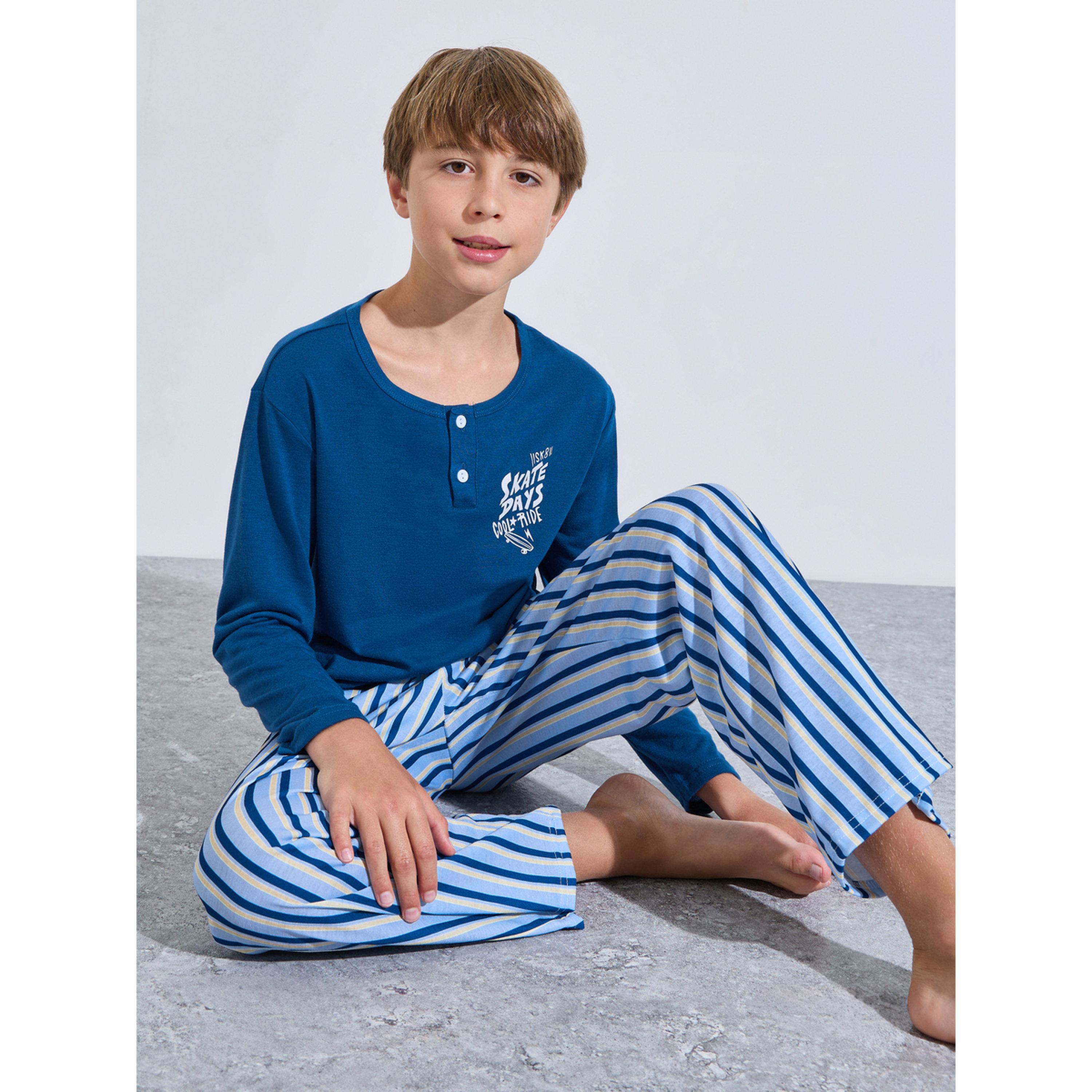 طقم بيجاما من بنطال مخطط وتيشيرت مطبوع بأكمام طويلة للأولاد باللون الأزرق-boys-clothing-nightwear-image-4
