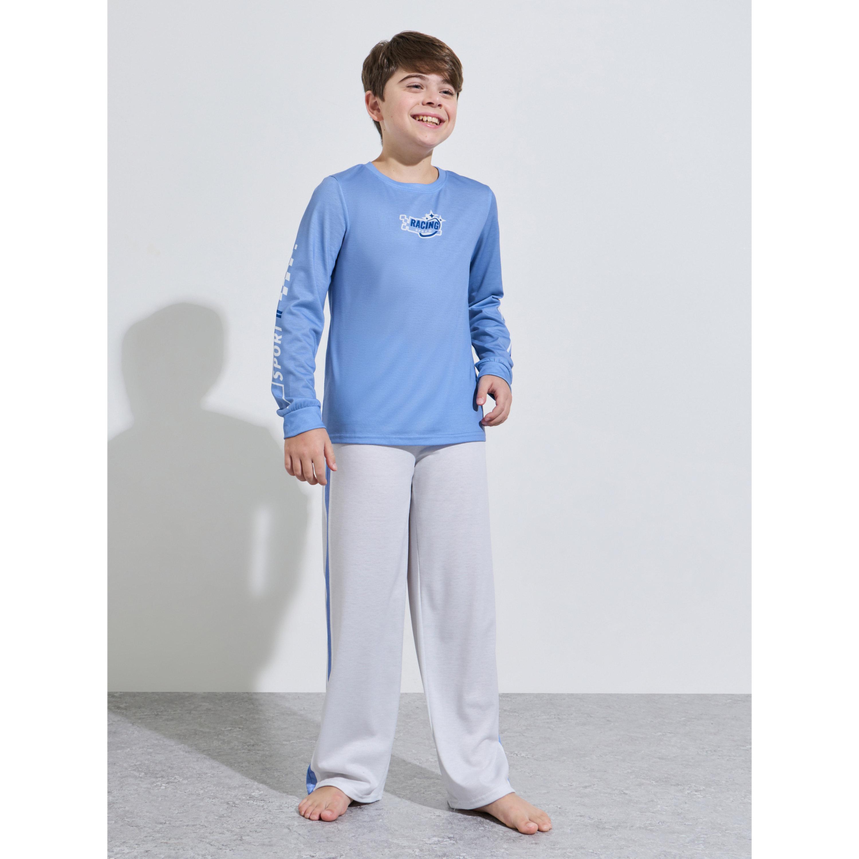 Styli Teen Boys Blue Printed Long Sleeves T-Shirt and Side Striped Pants Pyjama Set-boys-clothing-nightwear-image-1