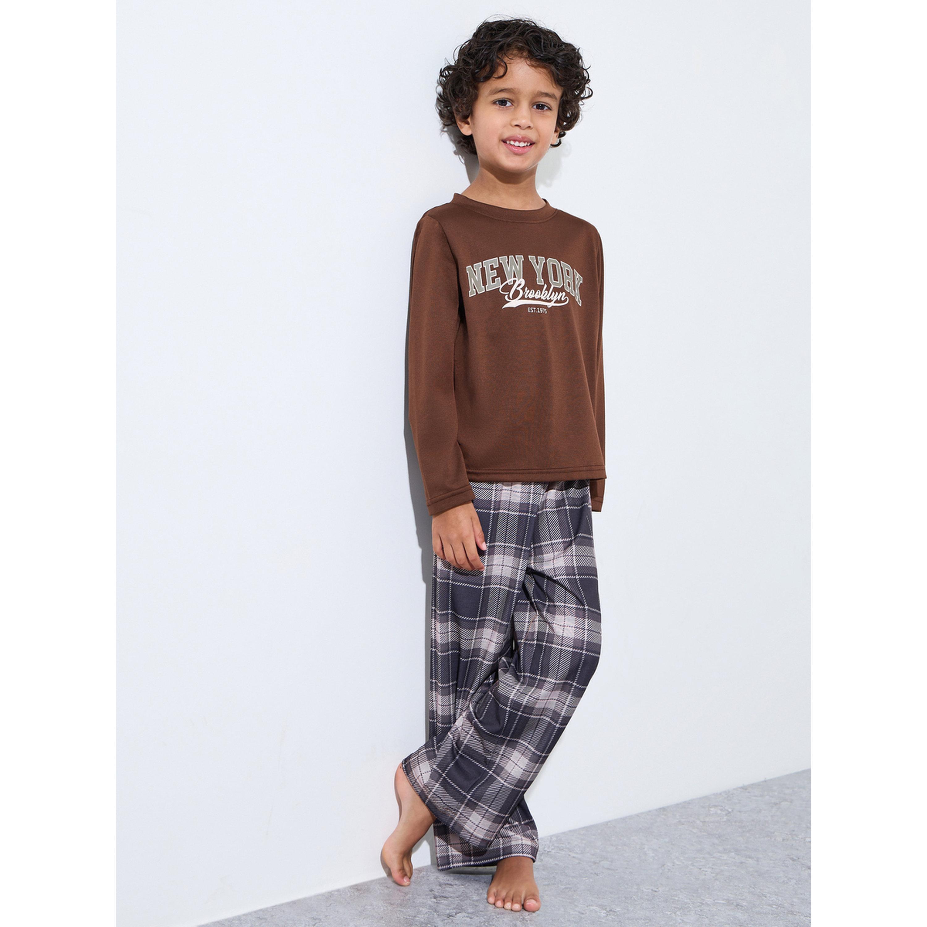 Styli Boys Brown Graphic Print T-Shirt and Checked Pants Pyjama Set-boys-clothing-nightwear-image-1