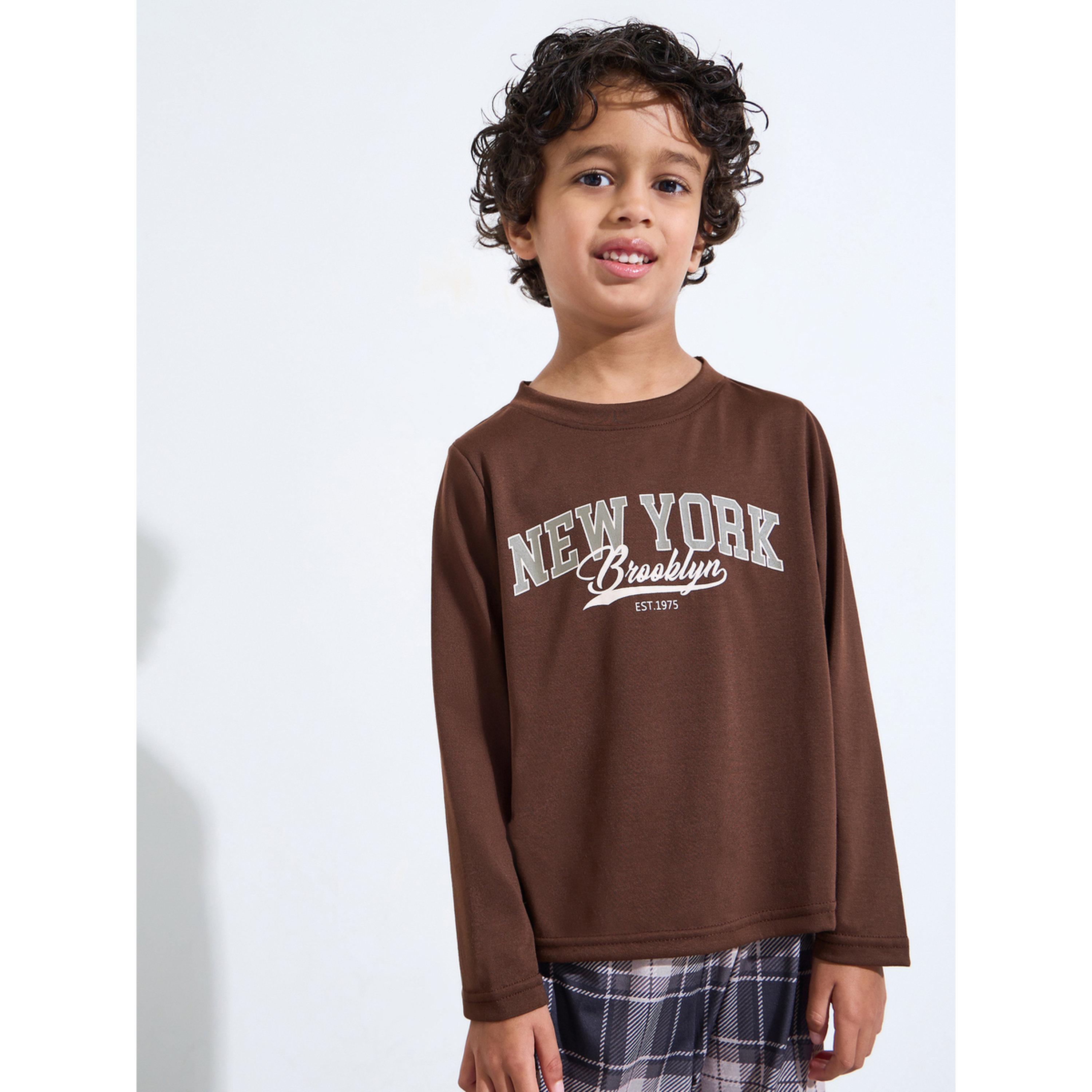 Styli Boys Brown Graphic Print T-Shirt and Checked Pants Pyjama Set-boys-clothing-nightwear-image-2