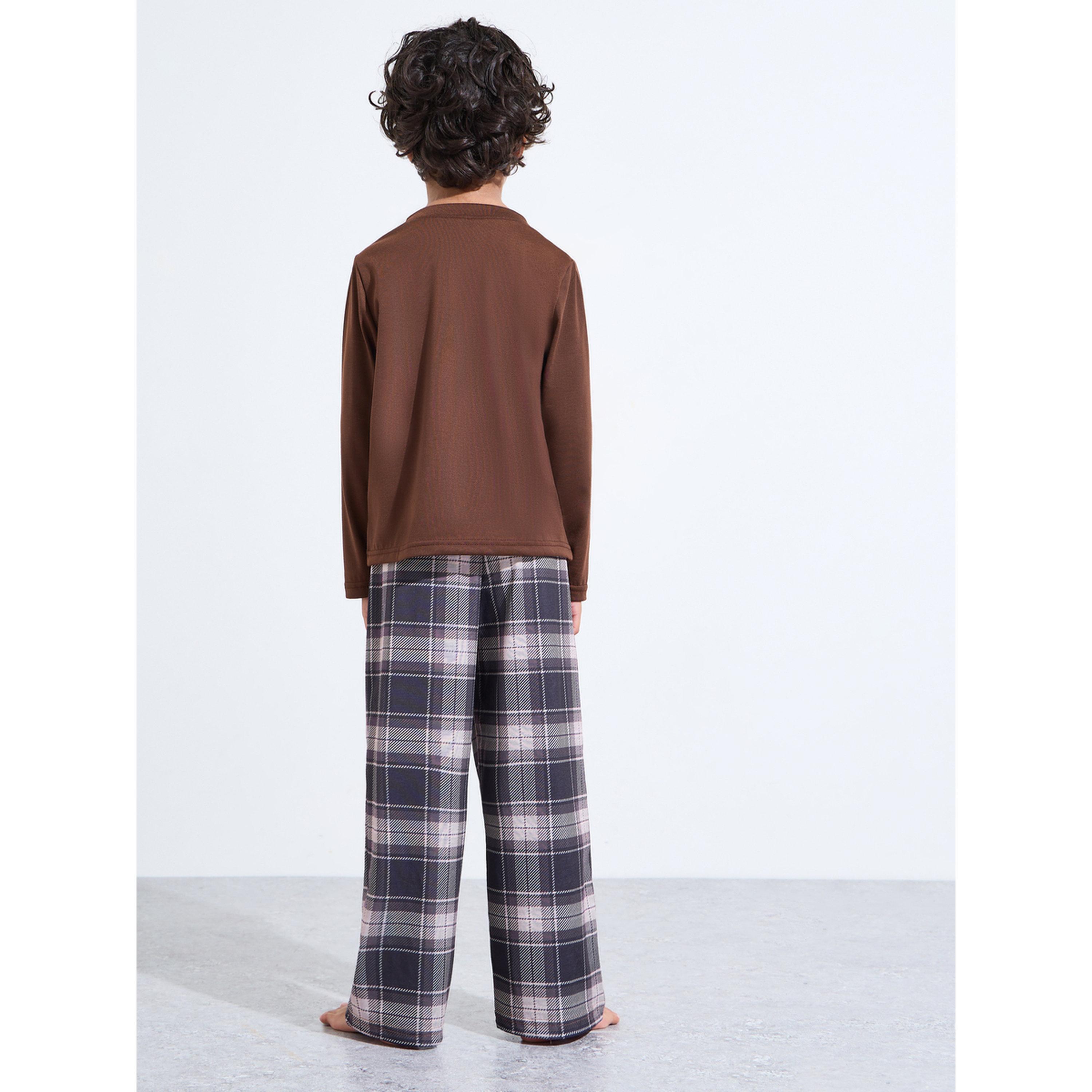 Styli Boys Brown Graphic Print T-Shirt and Checked Pants Pyjama Set-boys-clothing-nightwear-image-3