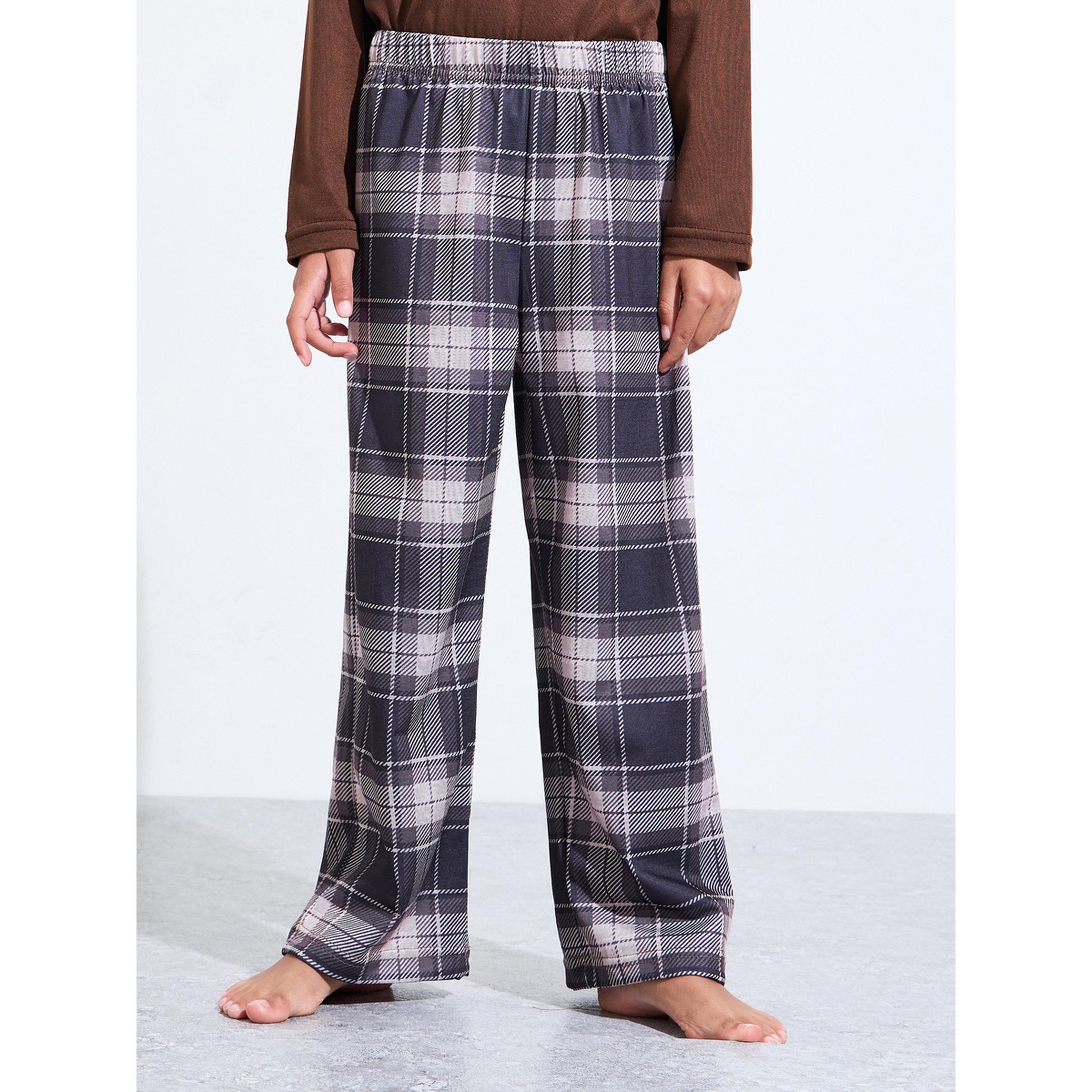 Styli Boys Brown Graphic Print T-Shirt and Checked Pants Pyjama Set-boys-clothing-nightwear-image-4