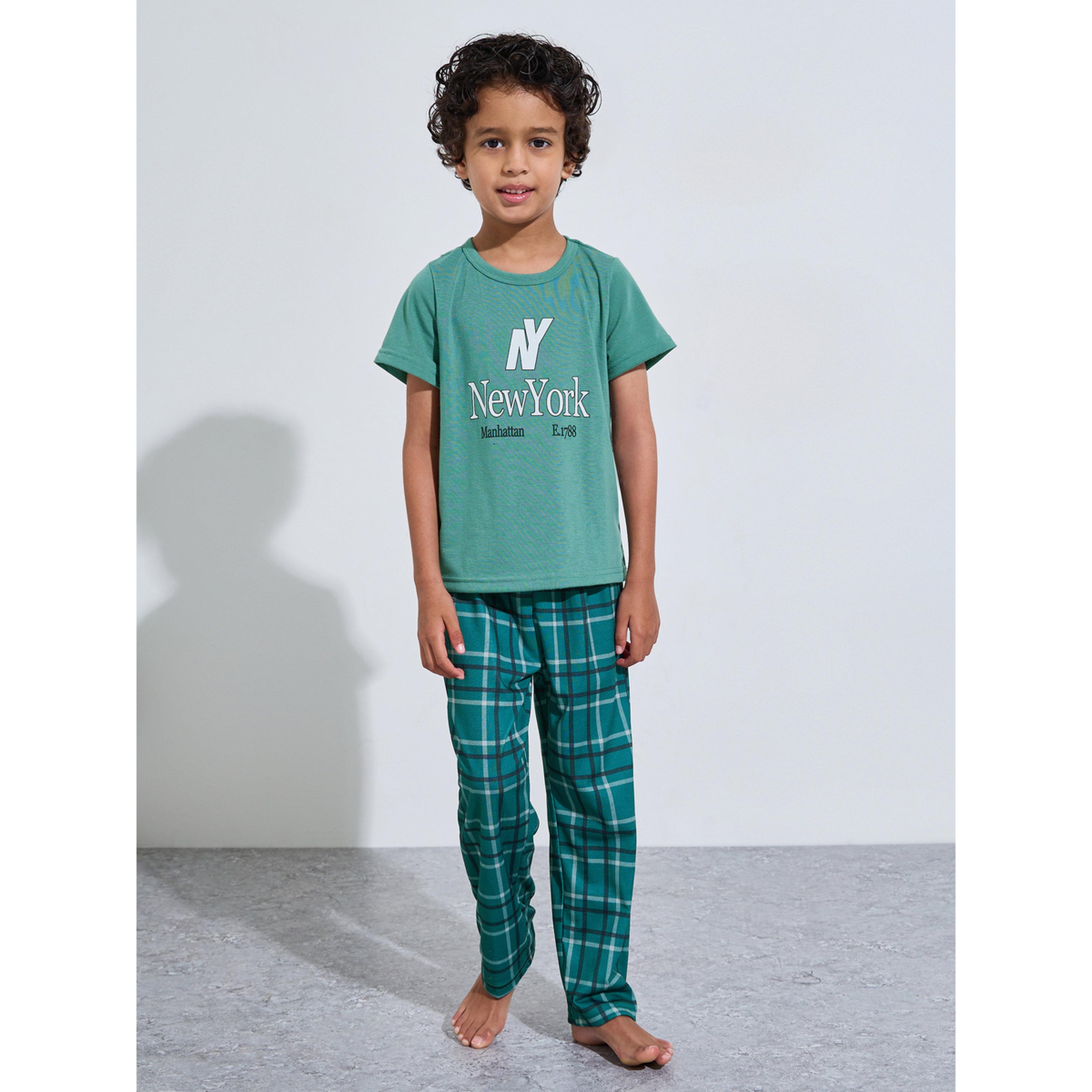 Styli Green Graphic Print T-Shirt and Checked Pants Pyjama Set-boys-clothing-nightwear-image-1