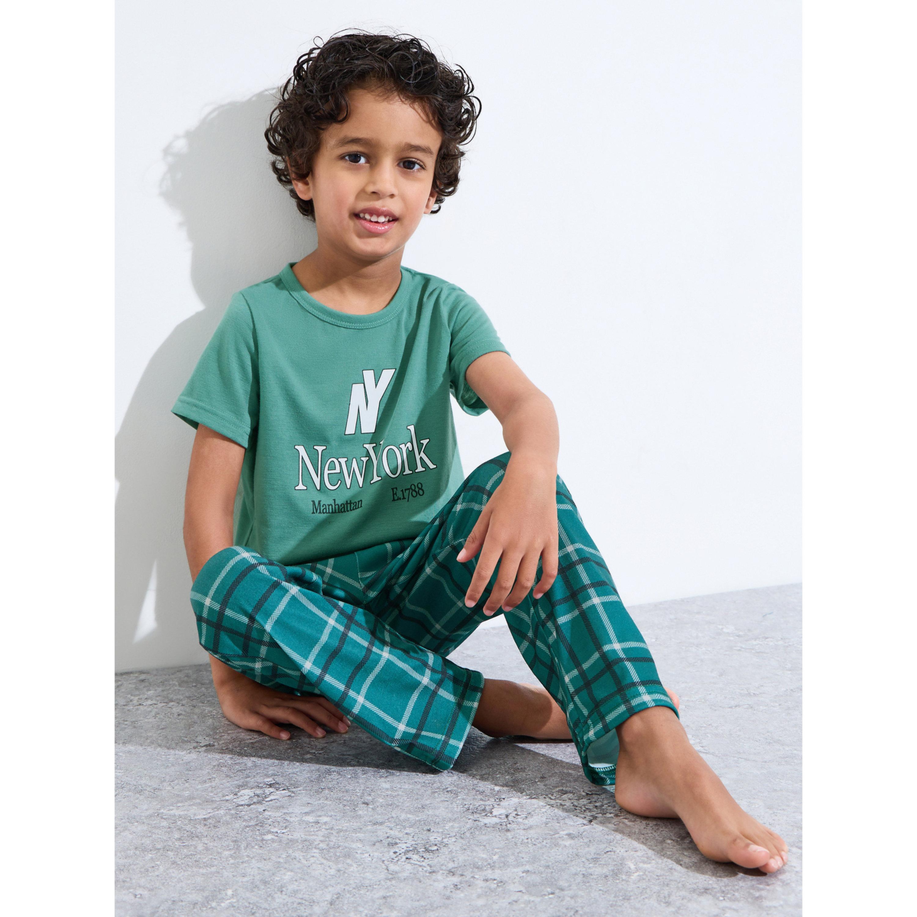 Styli Green Graphic Print T-Shirt and Checked Pants Pyjama Set-boys-clothing-nightwear-image-2