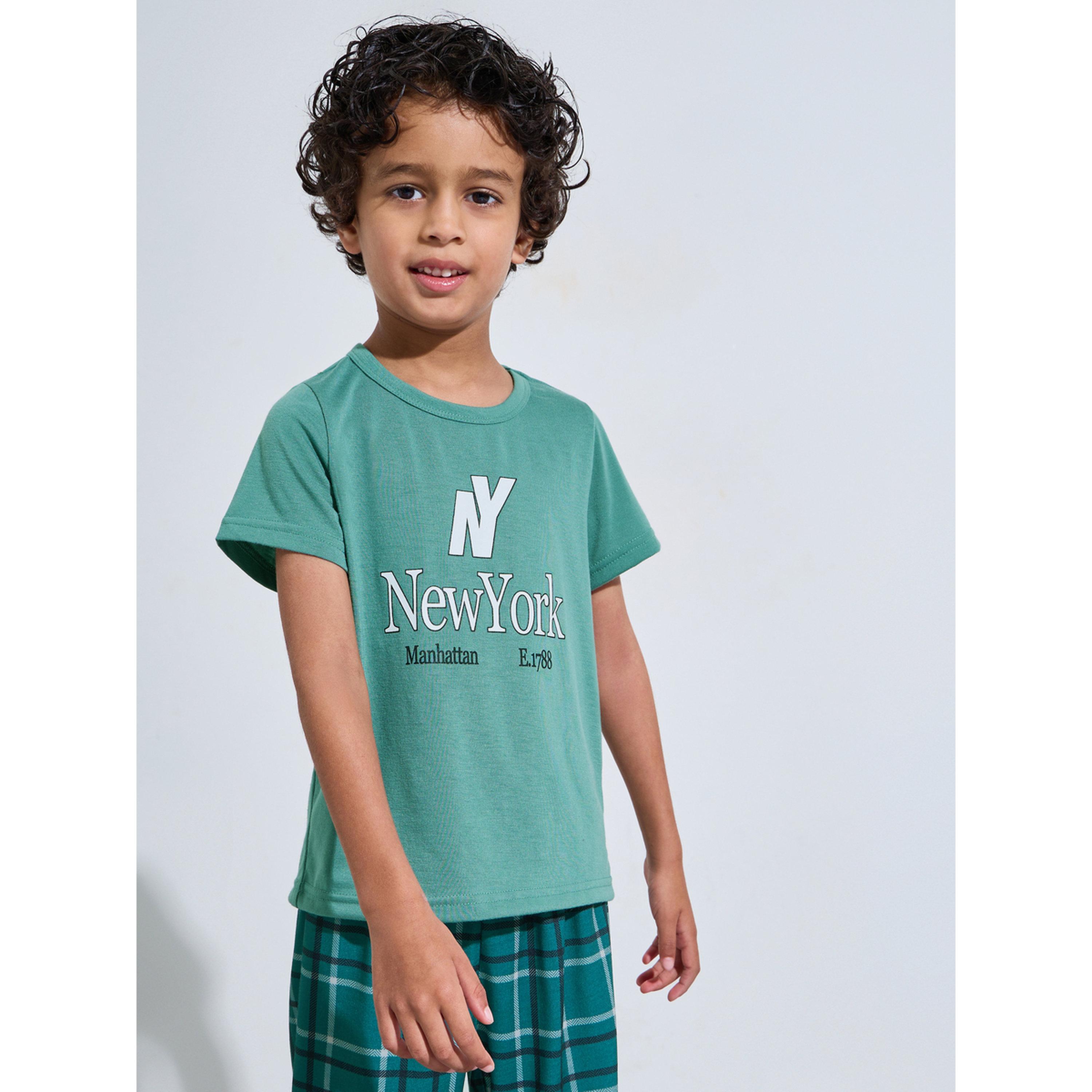 Styli Green Graphic Print T-Shirt and Checked Pants Pyjama Set-boys-clothing-nightwear-image-3