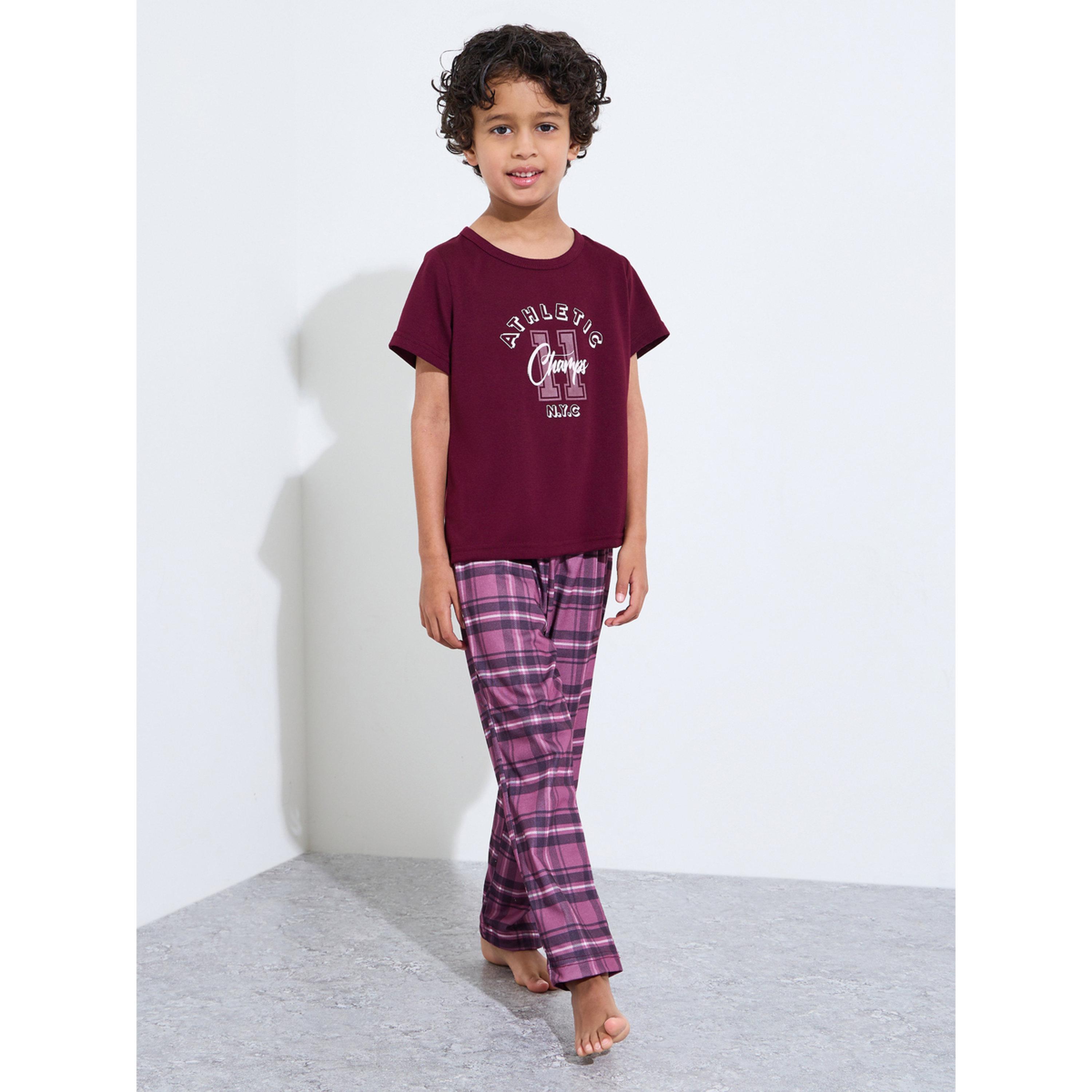 Styli Boys Burgundy Graphic Print T-Shirt and Checked Pants Pyjama Set-boys-clothing-nightwear-image-1