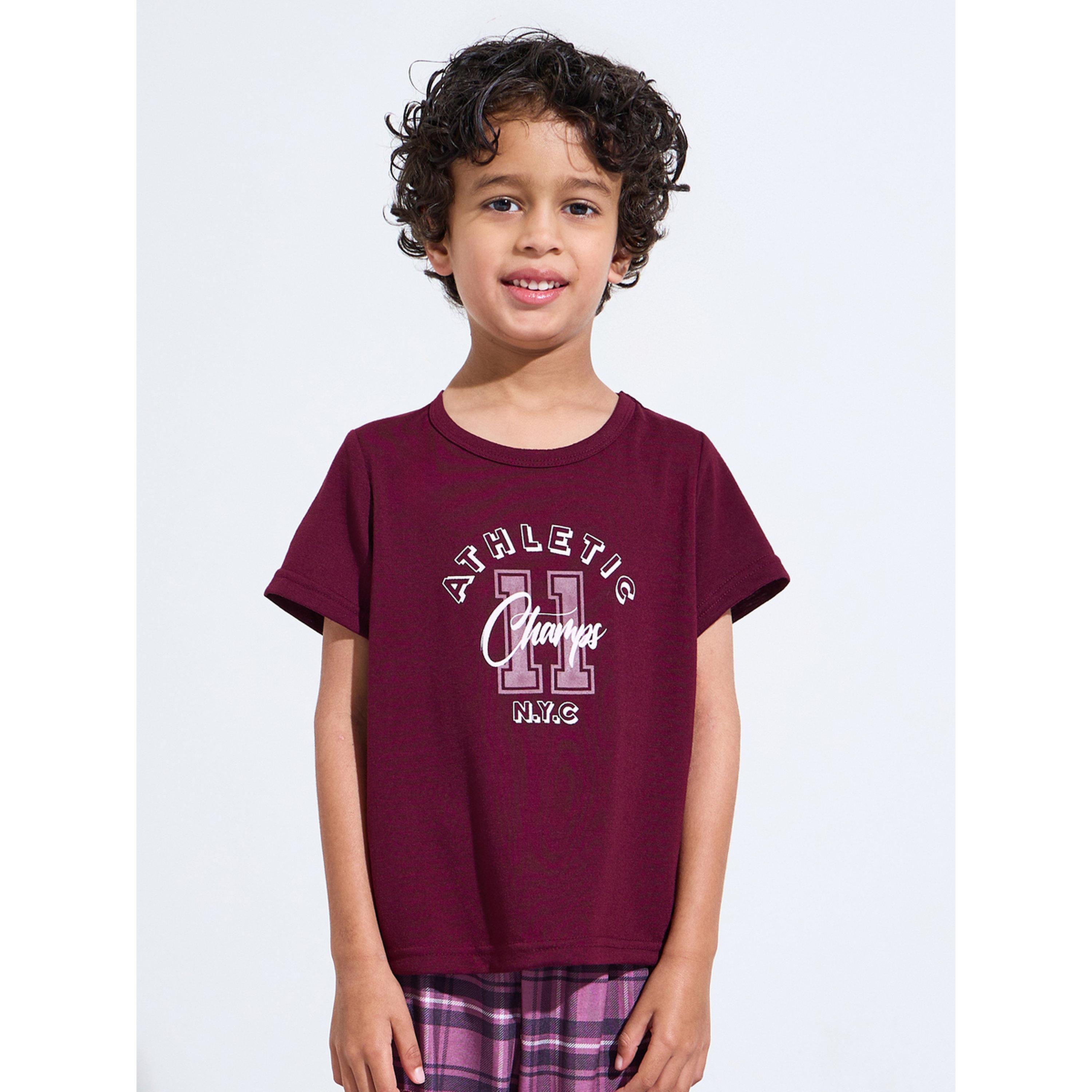 Styli Boys Burgundy Graphic Print T-Shirt and Checked Pants Pyjama Set-boys-clothing-nightwear-image-2