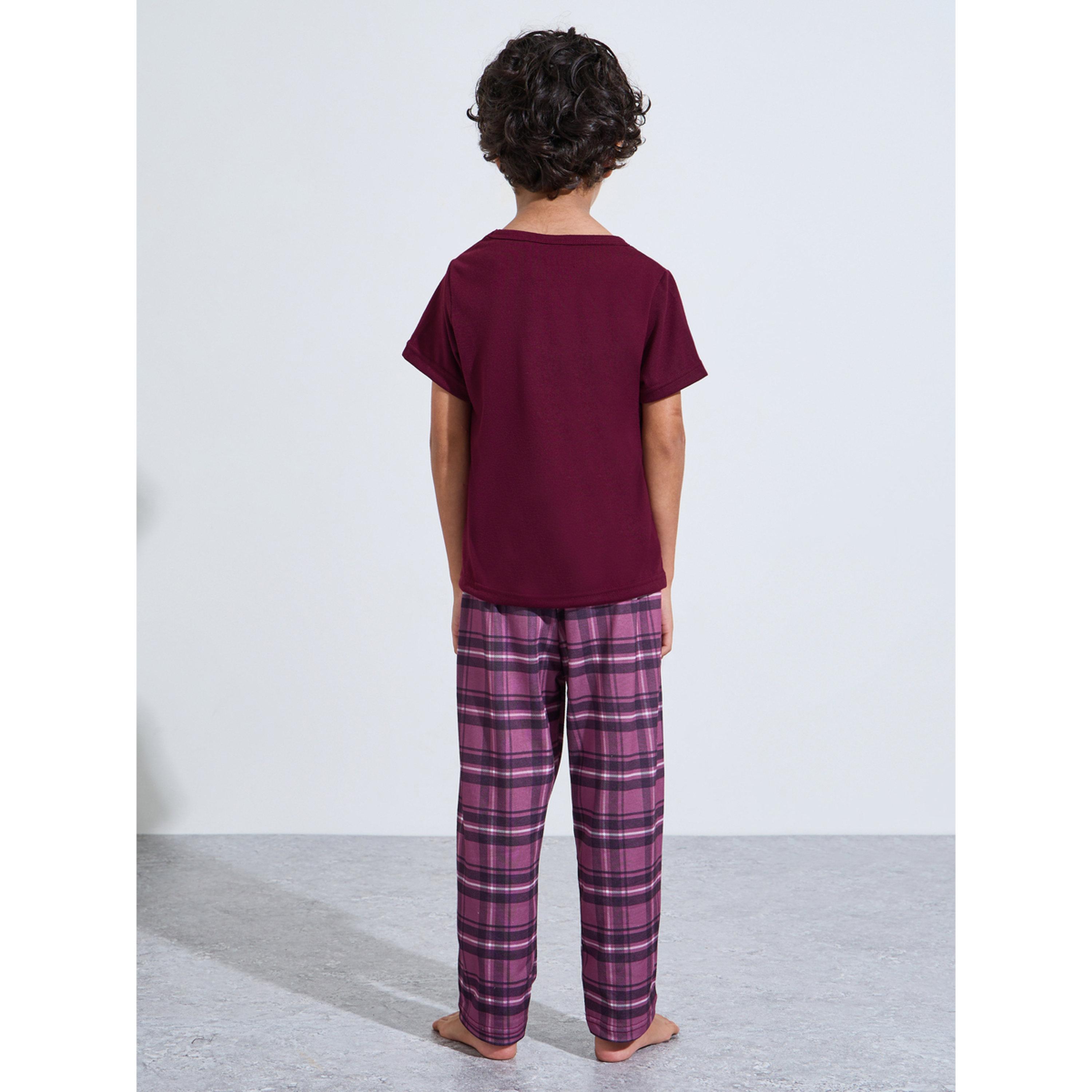 Styli Boys Burgundy Graphic Print T-Shirt and Checked Pants Pyjama Set-boys-clothing-nightwear-image-3