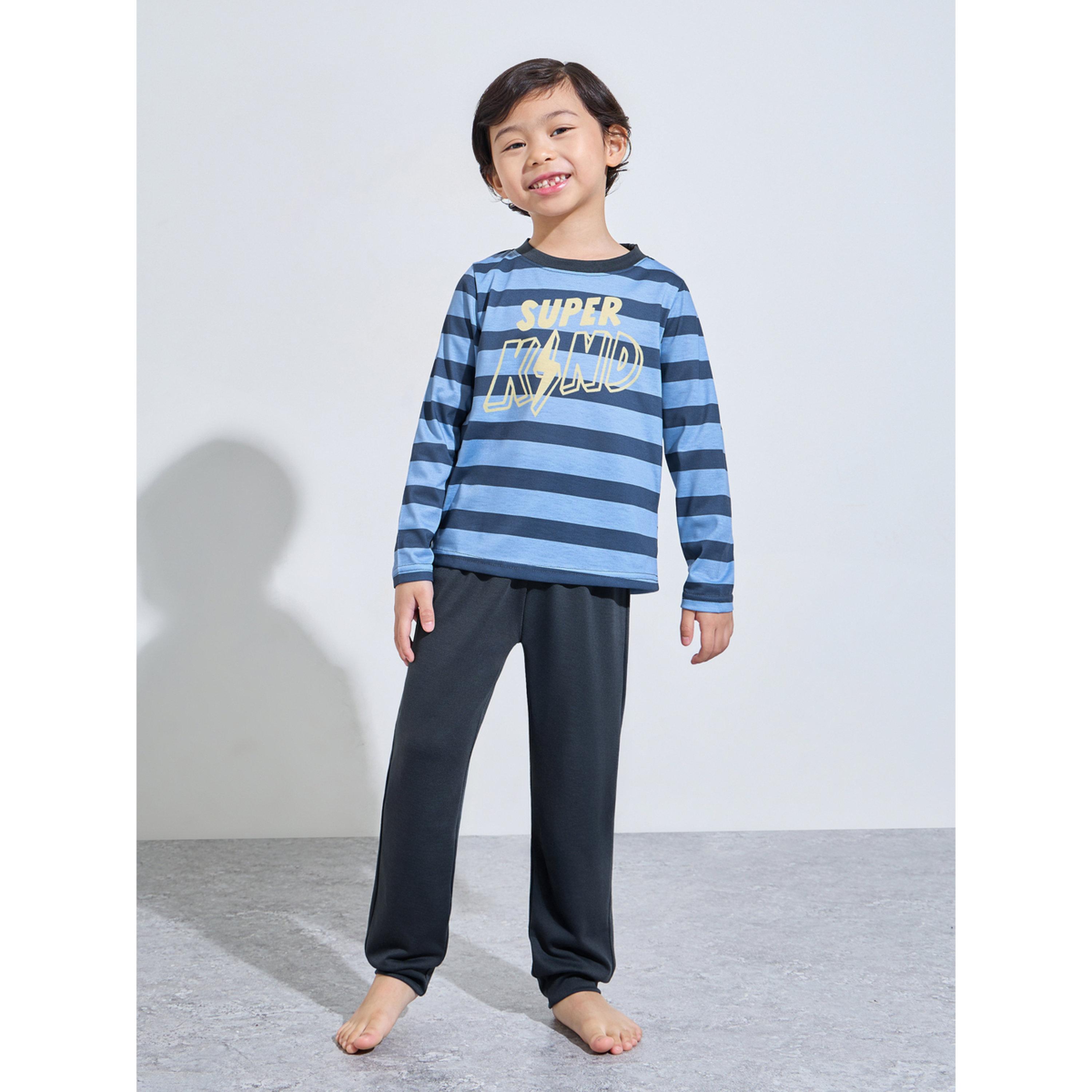 طقم بيجاما من بنطال بأطراف مطاطية وتيشيرت مخطط بأكمام طويلة للأولاد-boys-clothing-nightwear-image-1