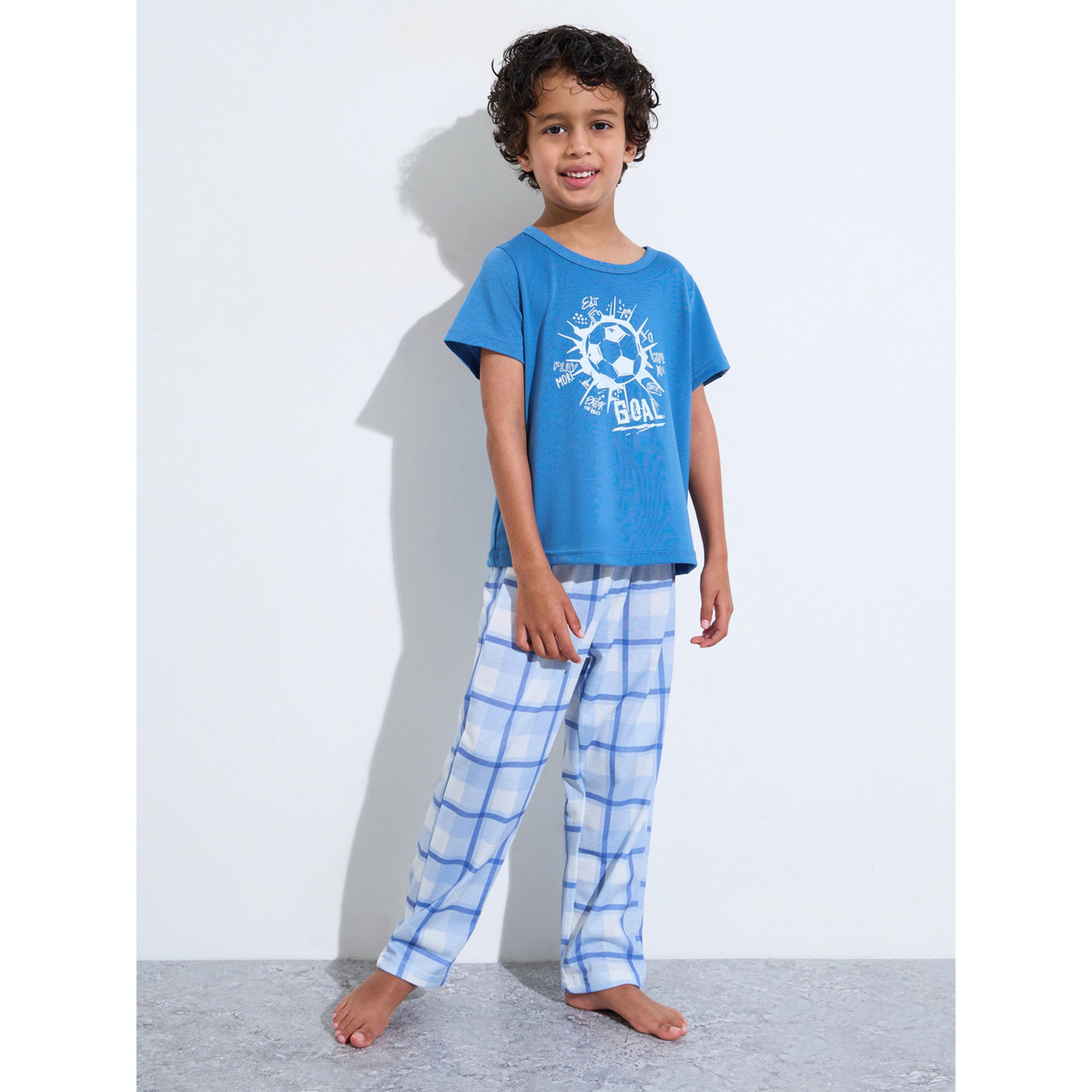 Styli Boys Blue Graphic Print T-Shirt and Checked Pants Pyjama Set-boys-clothing-nightwear-image-1