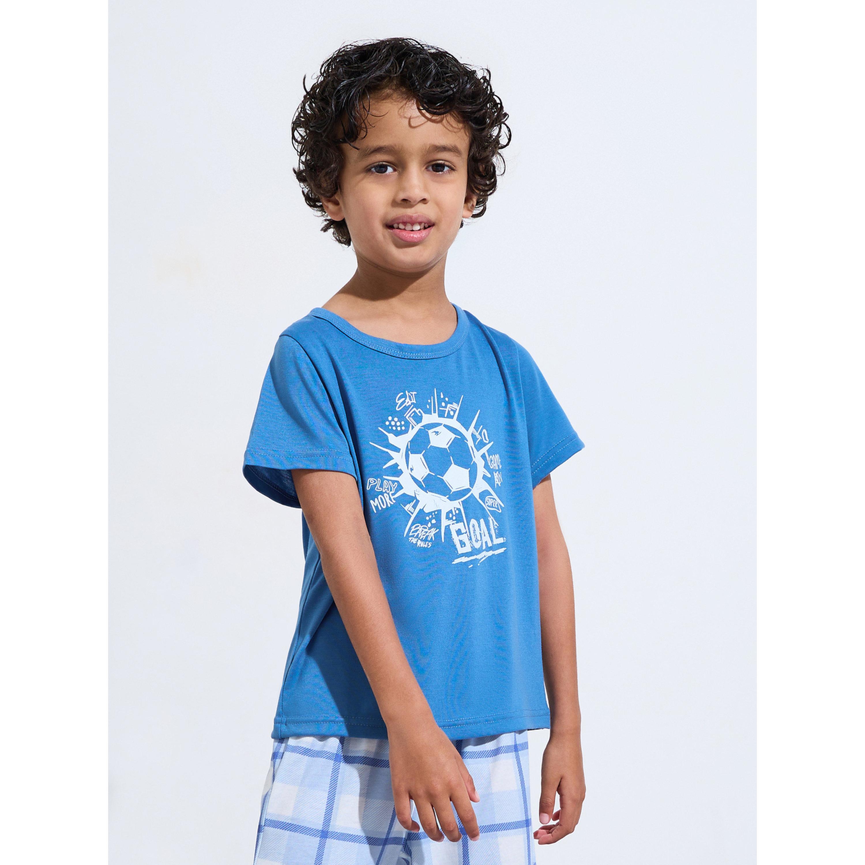 Styli Boys Blue Graphic Print T-Shirt and Checked Pants Pyjama Set-boys-clothing-nightwear-image-2