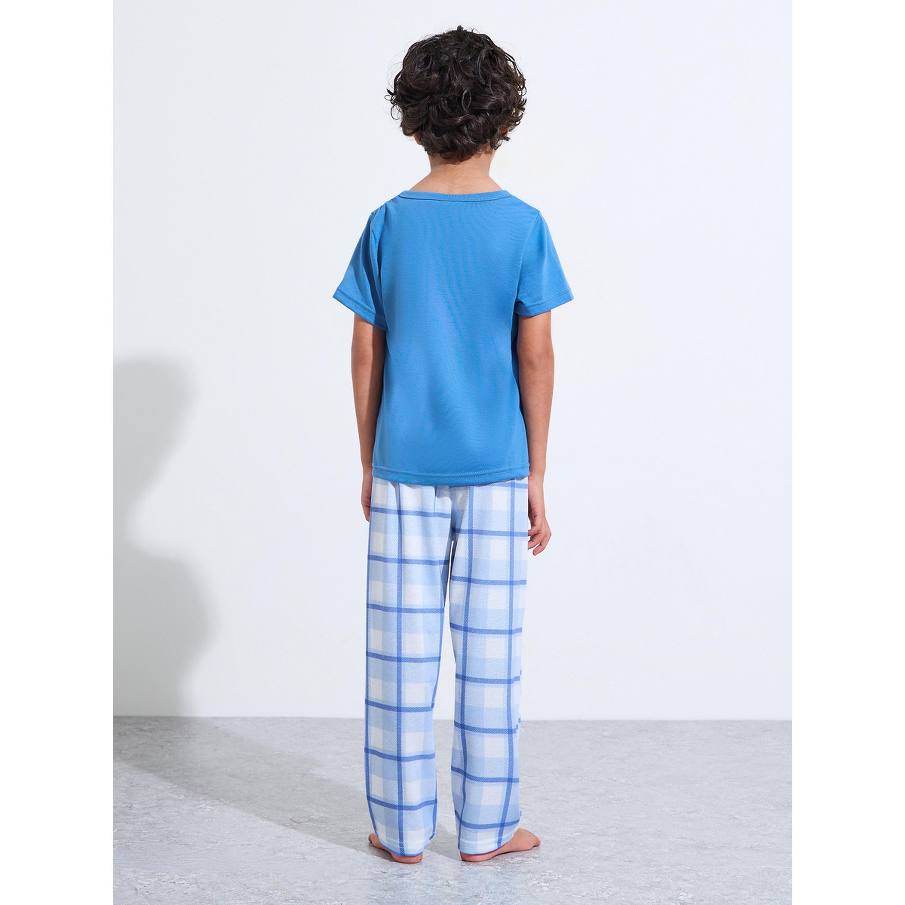 Styli Boys Blue Graphic Print T-Shirt and Checked Pants Pyjama Set-boys-clothing-nightwear-image-3