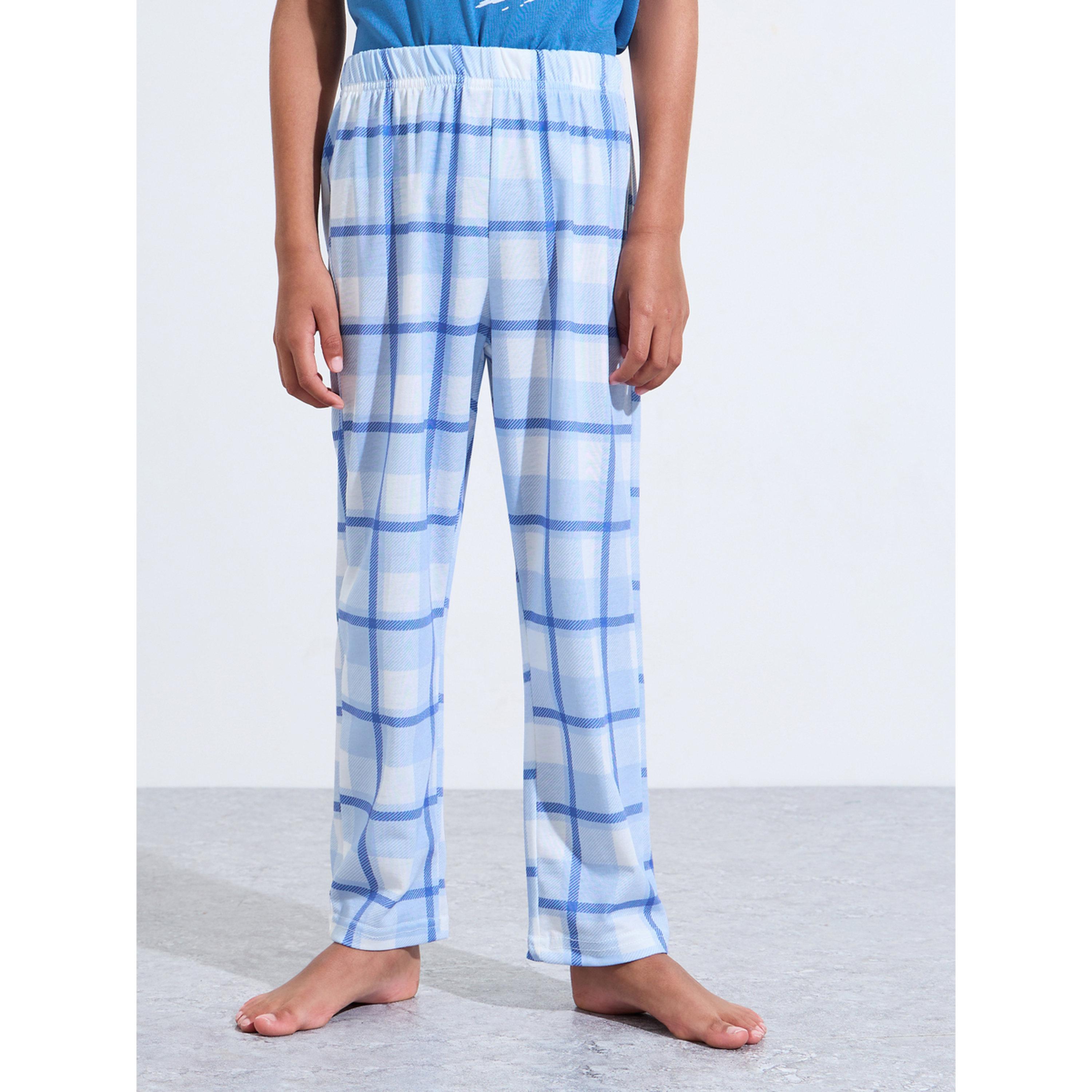 Styli Boys Blue Graphic Print T-Shirt and Checked Pants Pyjama Set-boys-clothing-nightwear-image-4