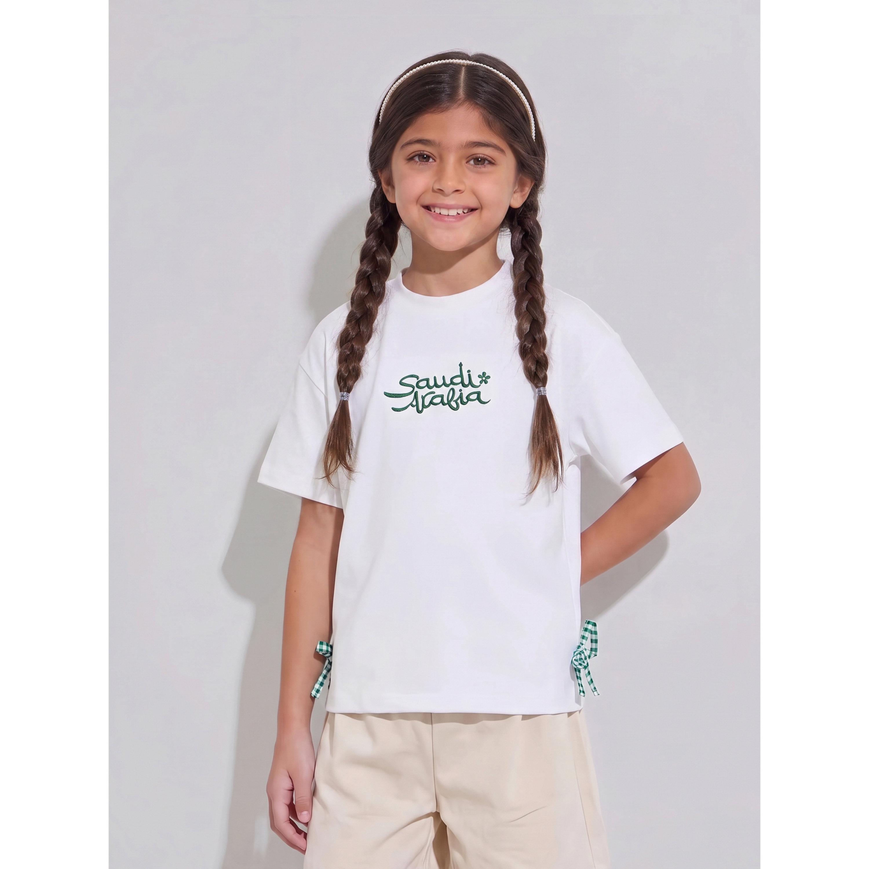 Styli Girls Off White KSA National Day Embroidered T-Shirt with Side Bows-girls-clothing-tshirts-image-1