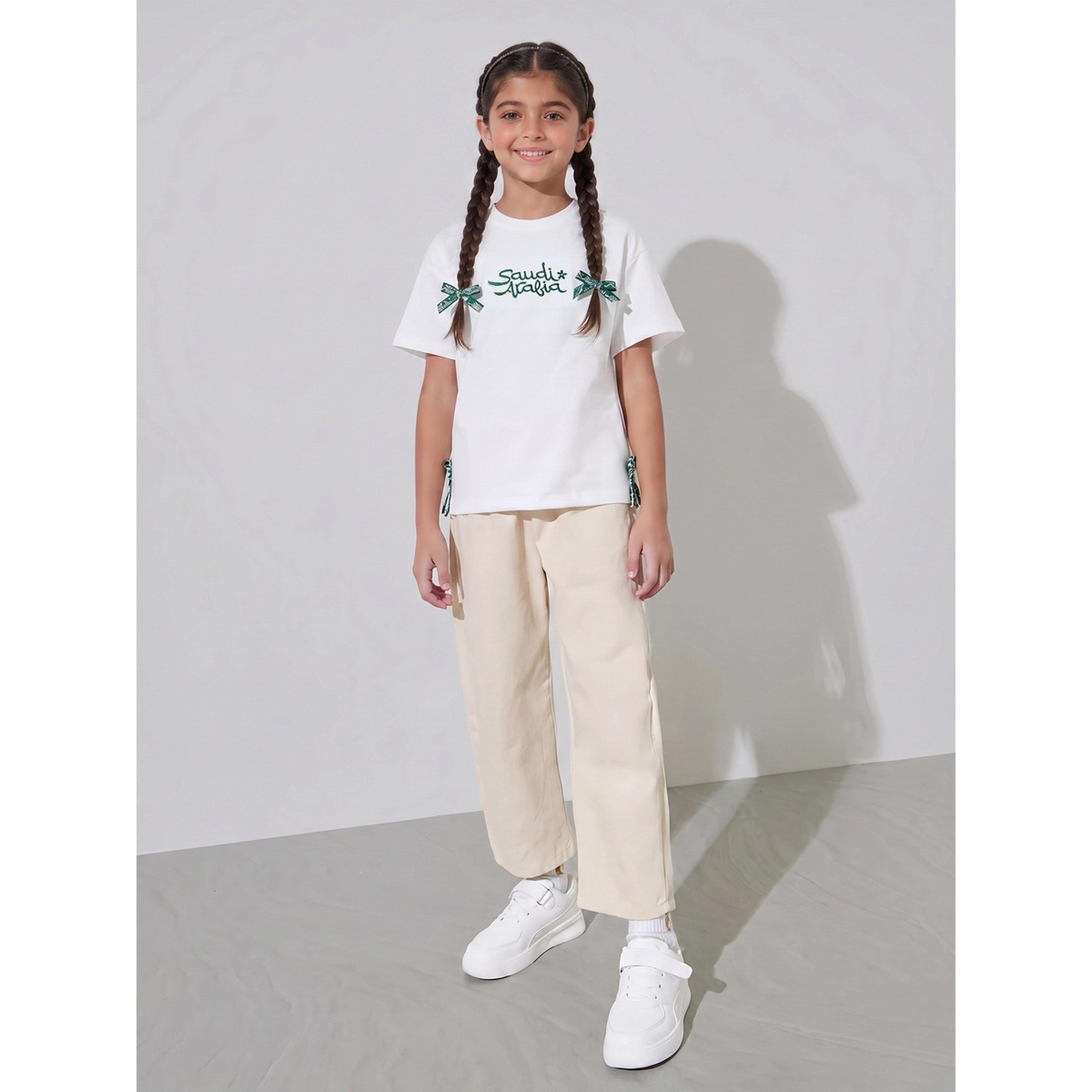 Styli Girls Off White KSA National Day Embroidered T-Shirt with Side Bows-girls-clothing-tshirts-image-2