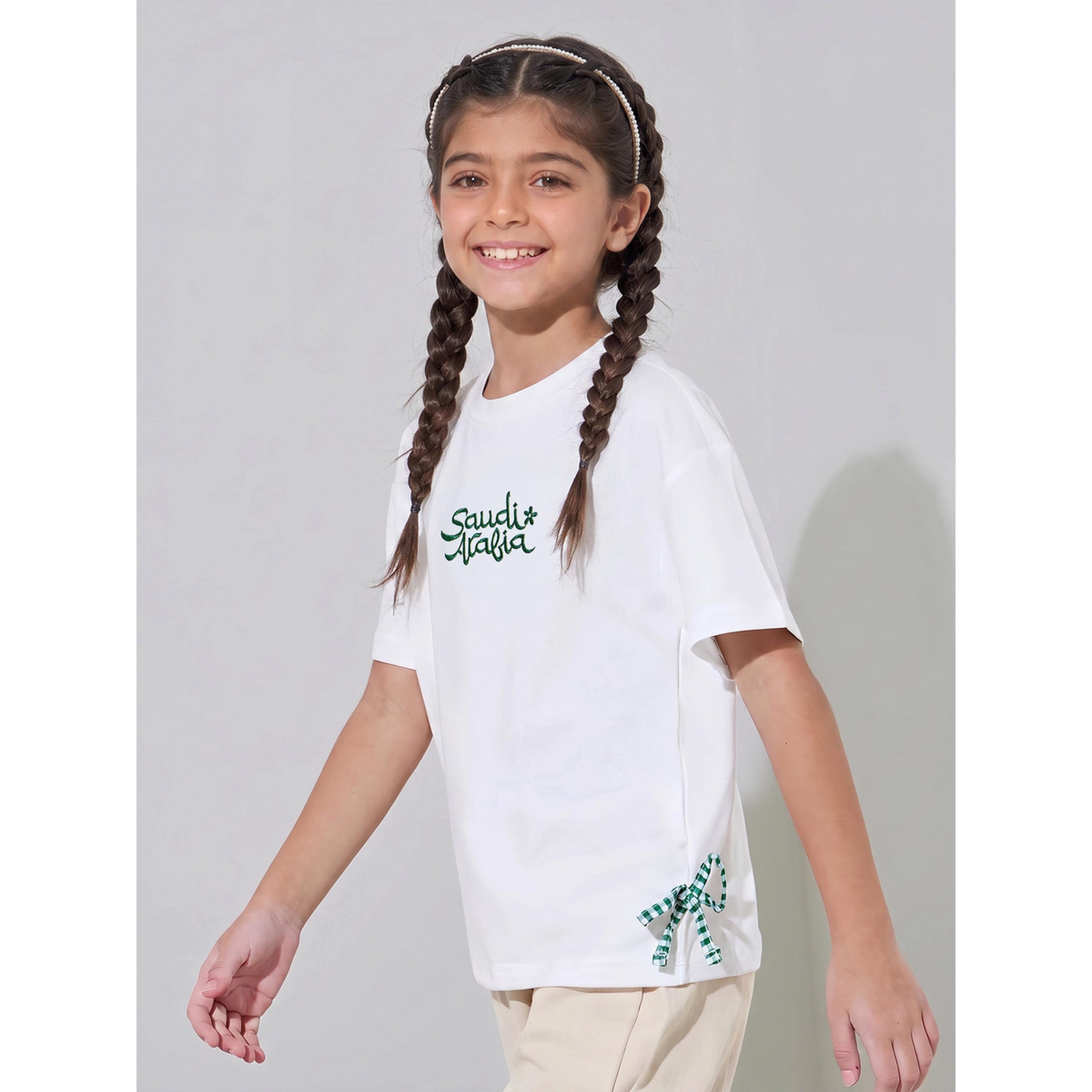 Styli Girls Off White KSA National Day Embroidered T-Shirt with Side Bows-girls-clothing-tshirts-image-3