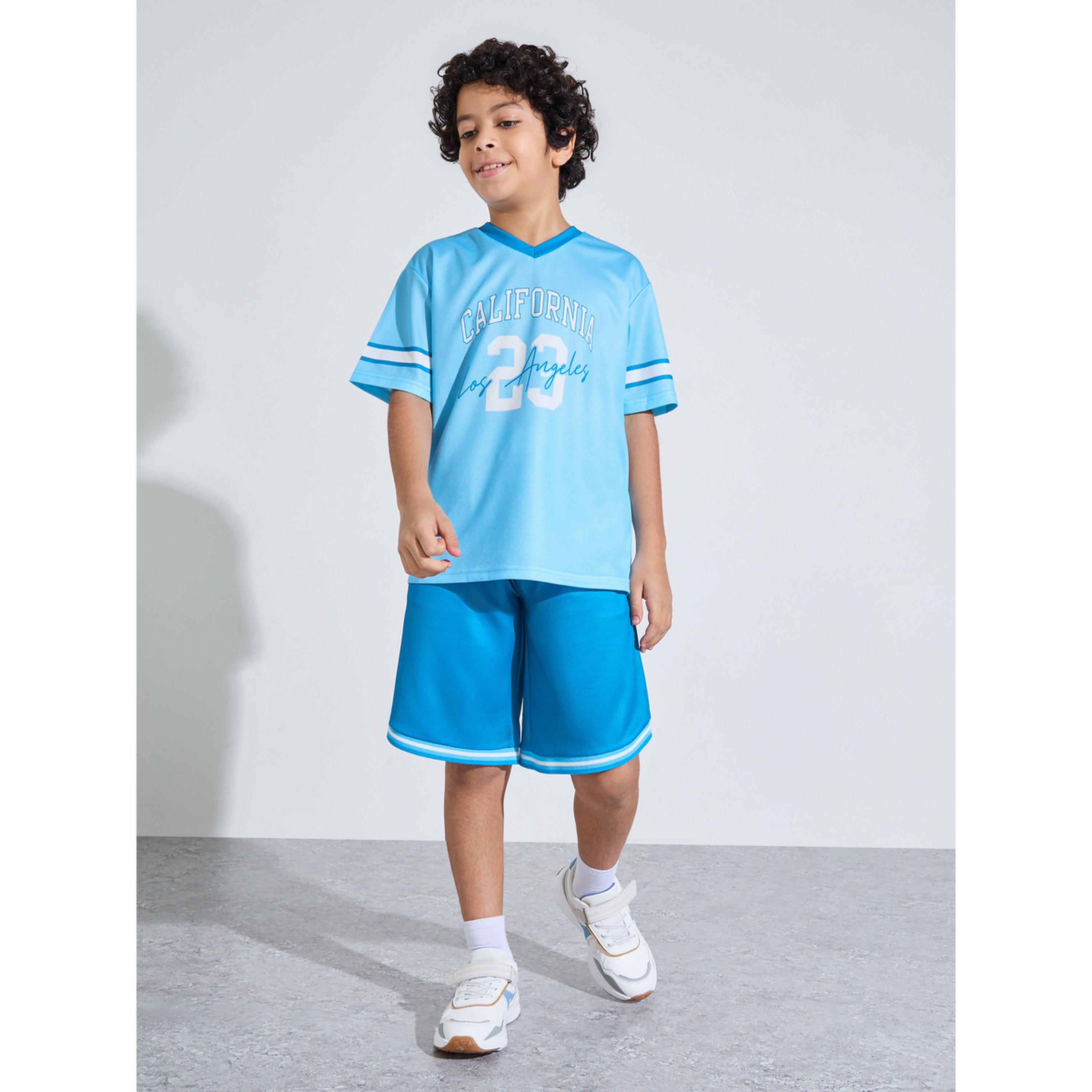 طقم منسق من شورت وتيشيرت واسع بطبعة جرافيك للأولاد المراهقين باللون الأزرق-boys-clothing-setsandcoords-image-2