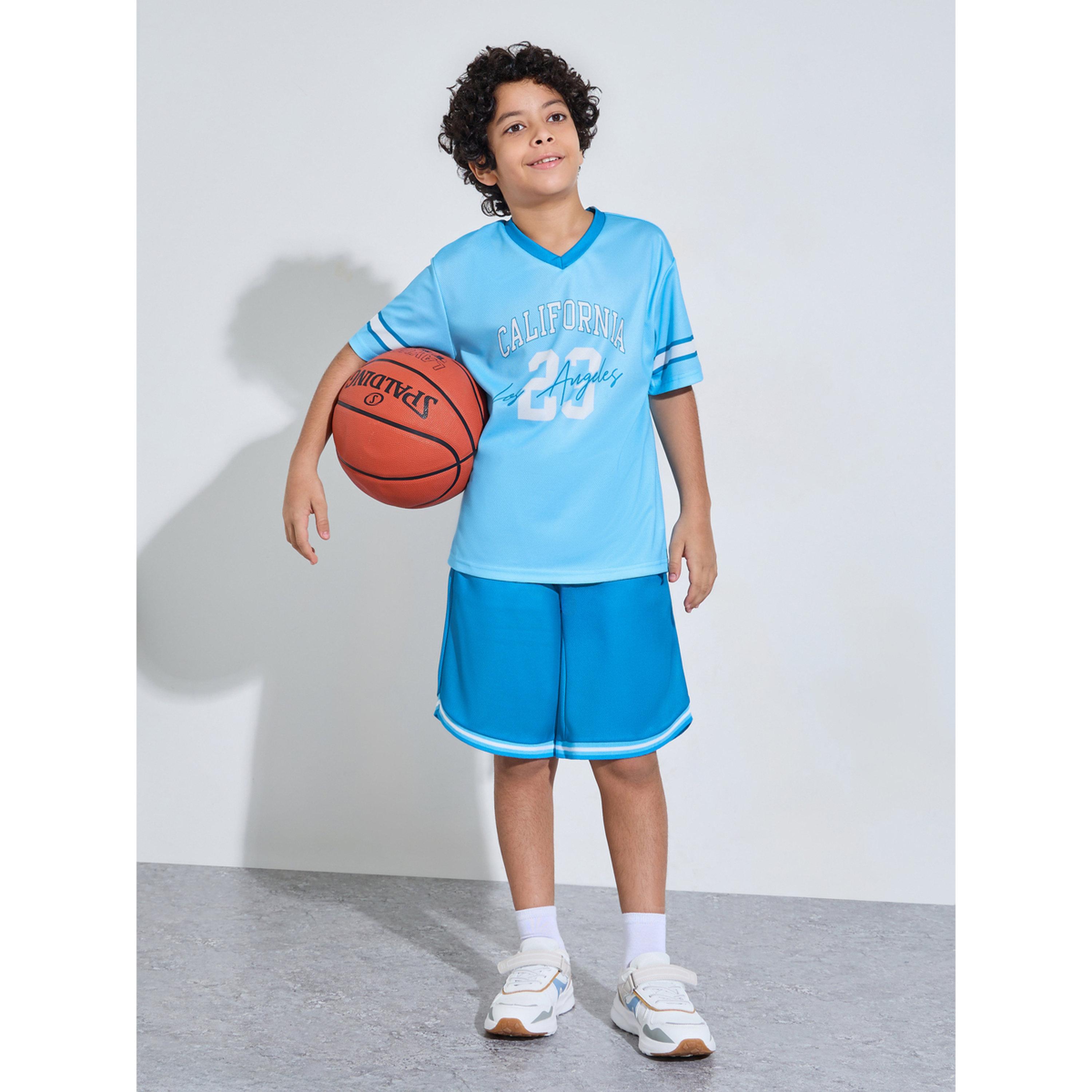 طقم منسق من شورت وتيشيرت واسع بطبعة جرافيك للأولاد المراهقين باللون الأزرق-boys-clothing-setsandcoords-image-3