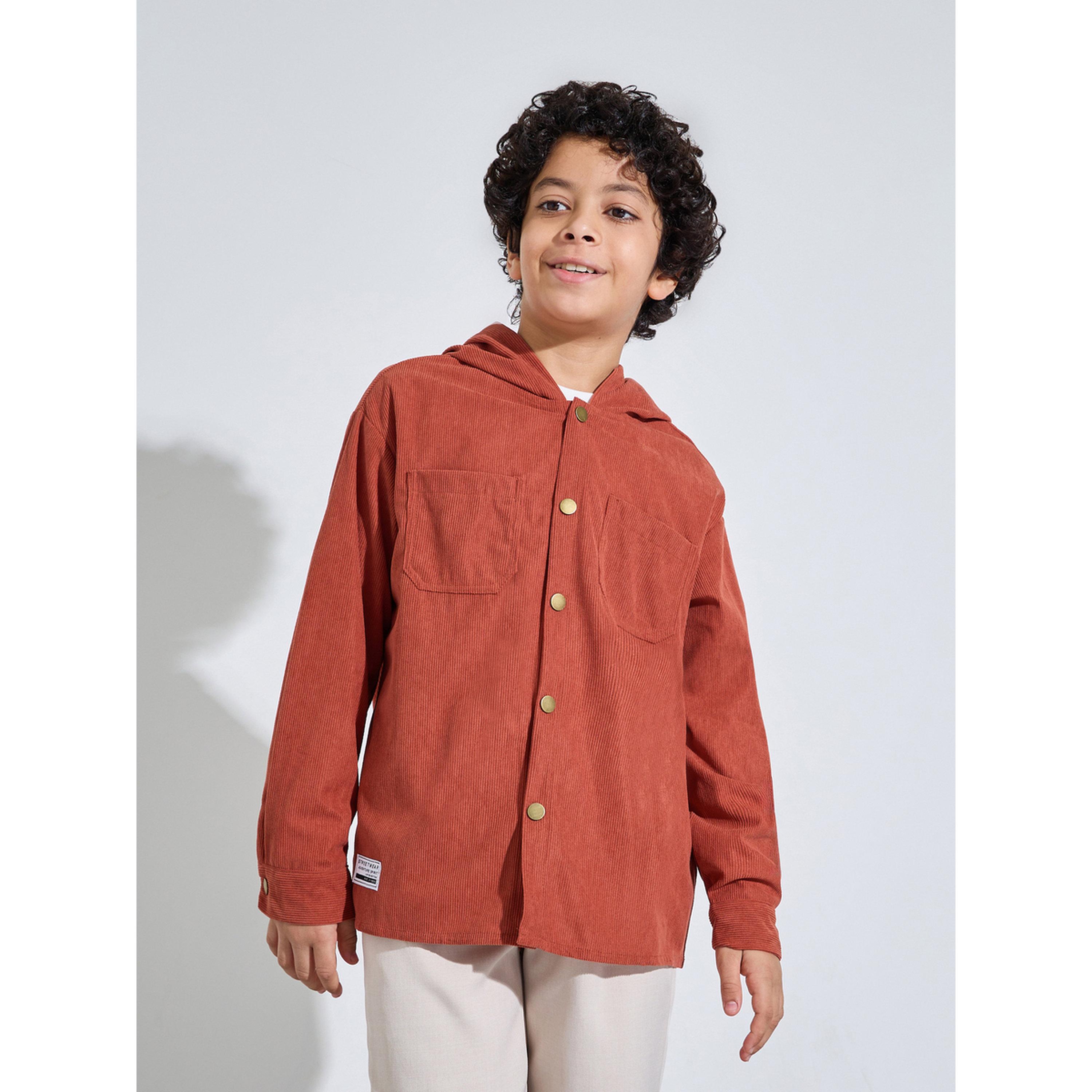 ستيلي شاكيت كوردروي بني بغطاء رأس وأزرار كبس للأولاد المراهقين-boys-clothing-shirts-image-1
